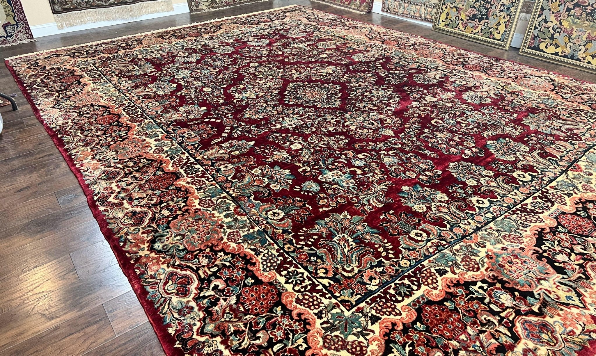 Persian Sarouk Rug 12x17, Wool Hand Knotted Antique Carpet, Dark Red, Traditional Floral Oriental Rug, 12 x 17 Extra Large Handmade Rug - Jewel RugsShopify CollectiveHUNTEDFOX - Persian Sarouk Rug 12x17, Wool Hand Knotted Antique Carpet, Dark Red, Traditional Floral Oriental Rug, 12 x 17 Extra Large Handmade Rug