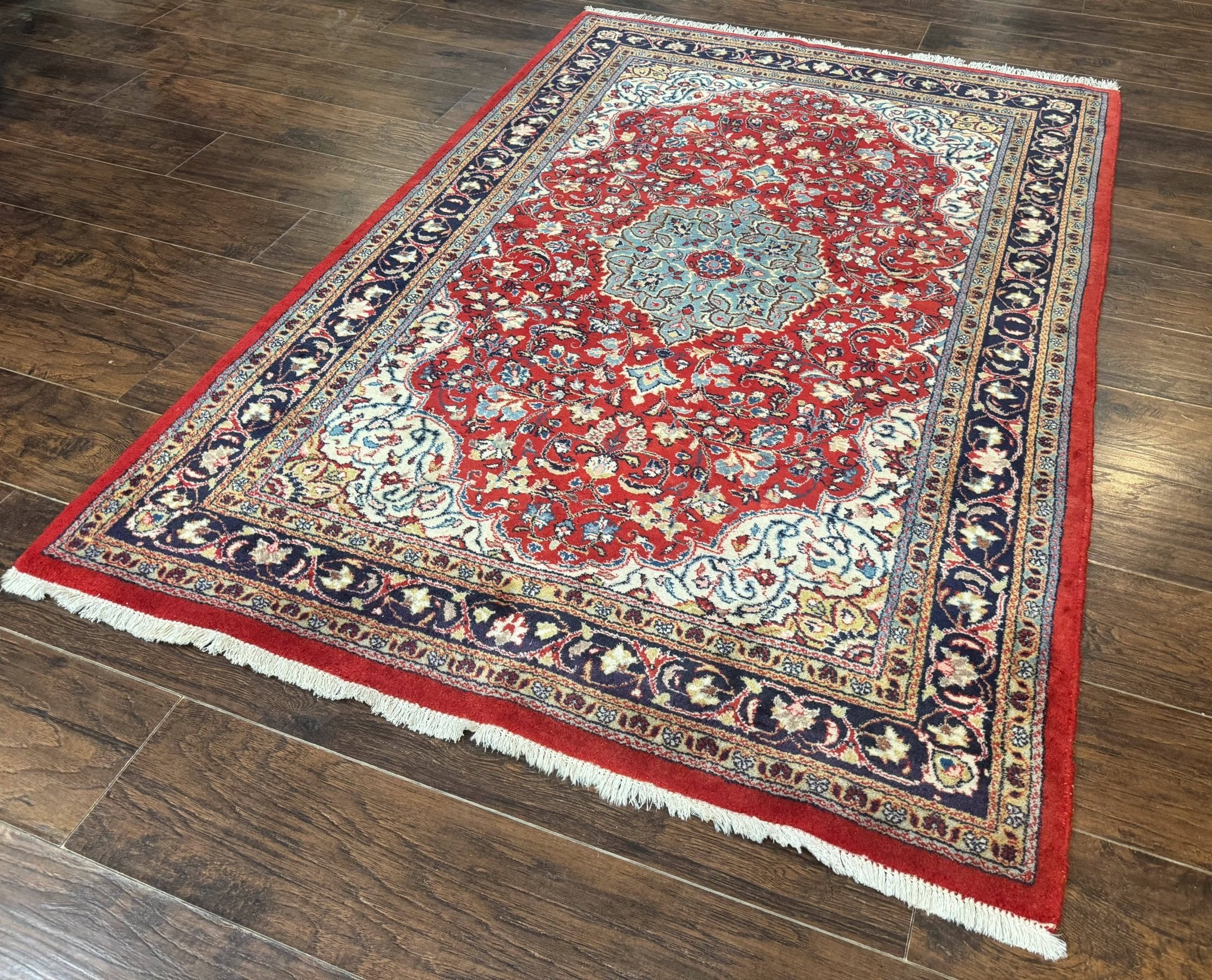 Persian Sarouk Rug 4x7, Red Navy Blue Vintage Wool Medallion Carpet - Jewel RugsShopify CollectiveHUNTEDFOX - Persian Sarouk Rug 4x7, Red Navy Blue Vintage Wool Medallion Carpet
