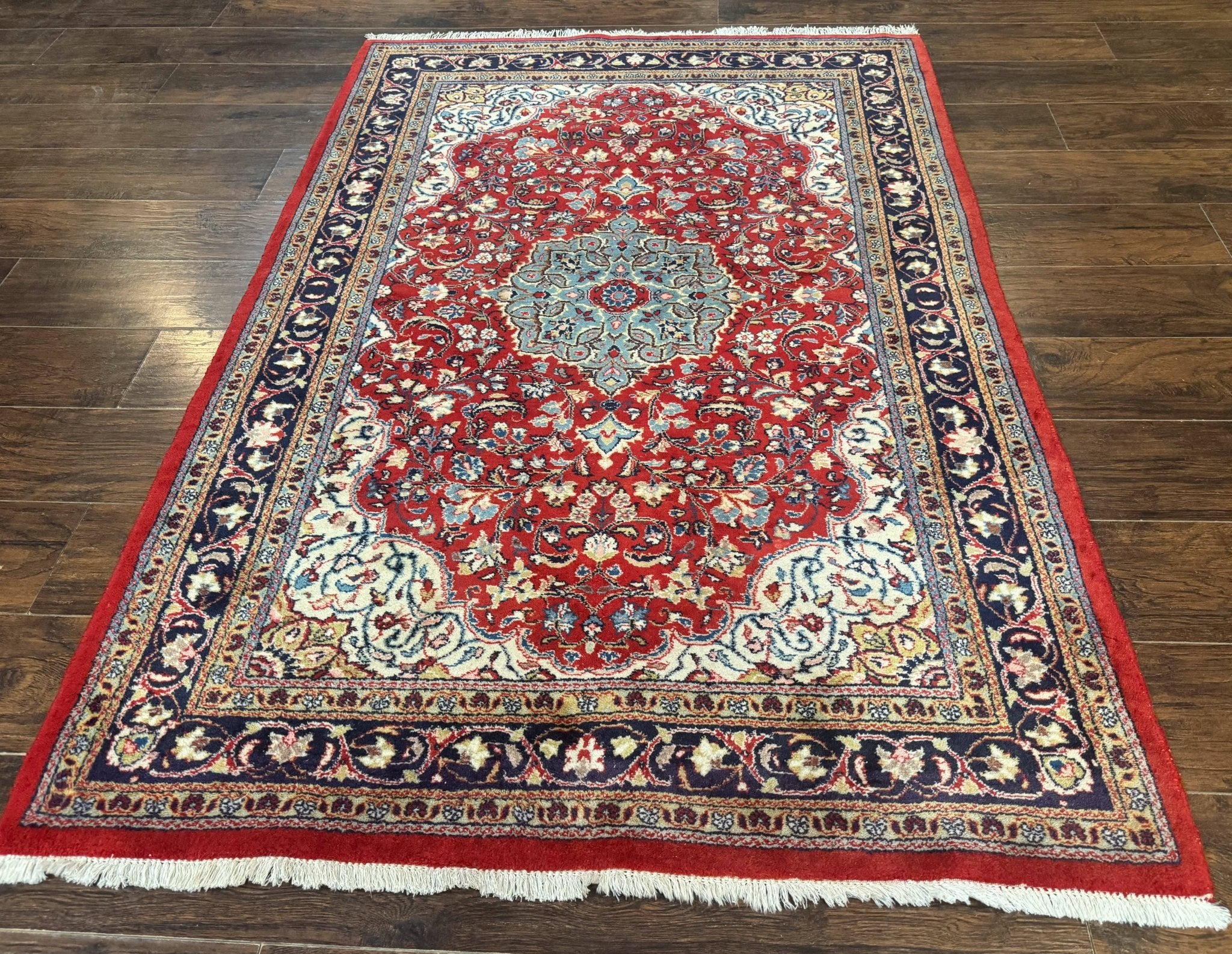 Persian Sarouk Rug 4x7, Red Navy Blue Vintage Wool Medallion Carpet - Jewel RugsShopify CollectiveHUNTEDFOX - Persian Sarouk Rug 4x7, Red Navy Blue Vintage Wool Medallion Carpet