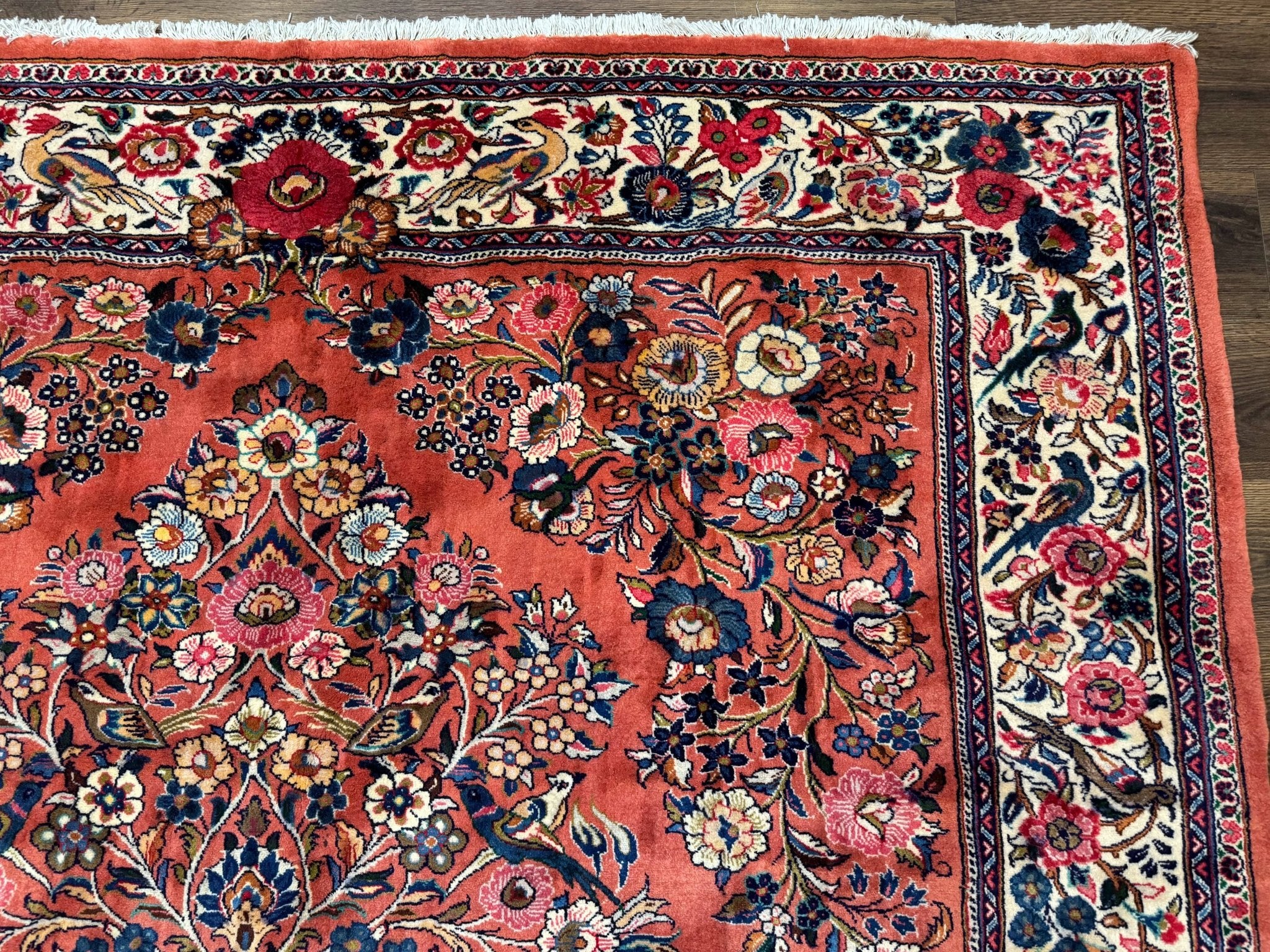 Persian Sarouk Rug 7x10, Red and Ivory, Floral Bouquets, Birds - Jewel RugsShopify CollectiveHUNTEDFOX - Persian Sarouk Rug 7x10, Red and Ivory, Floral Bouquets, Birds