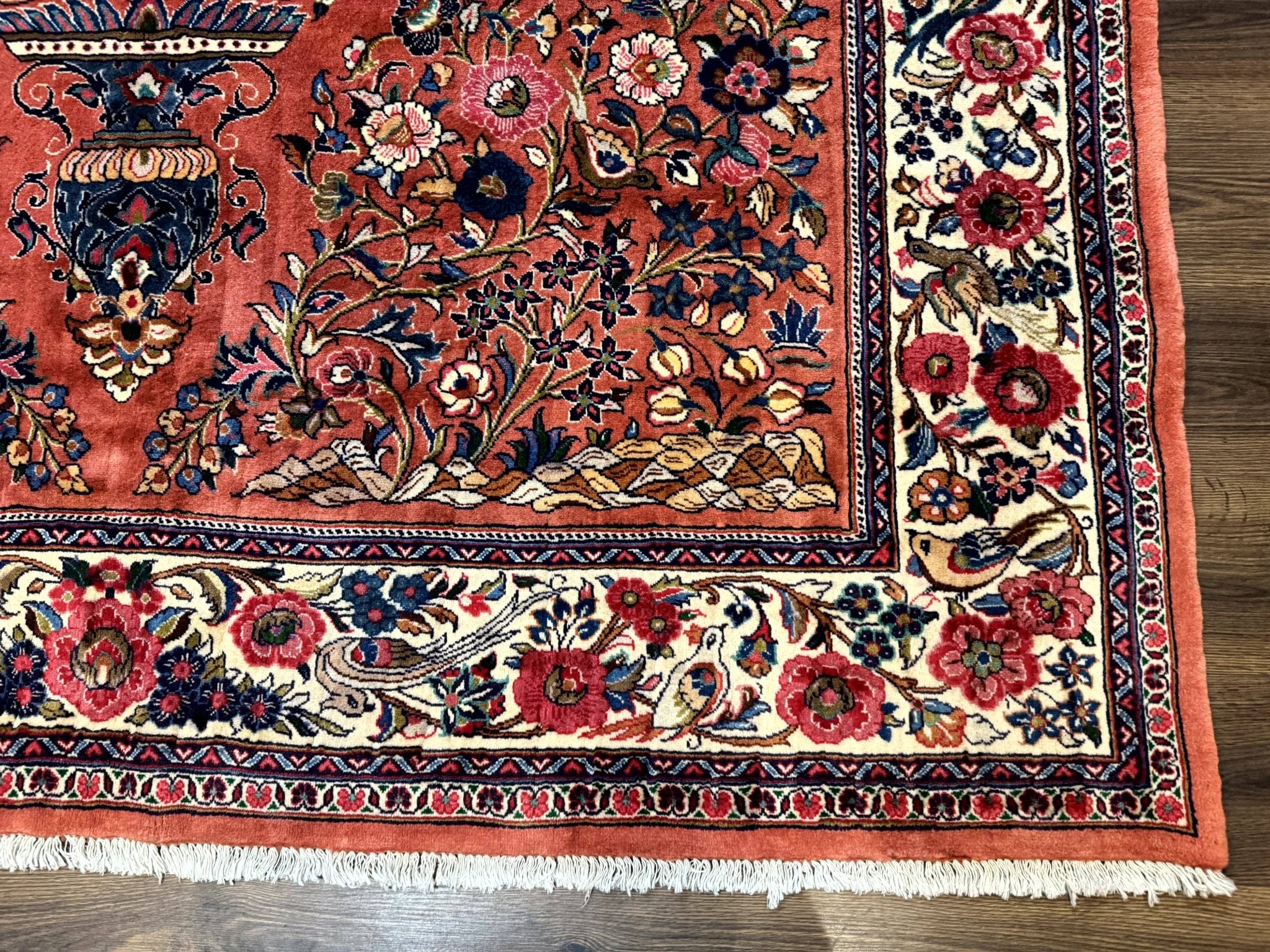 Persian Sarouk Rug 7x10, Red and Ivory, Floral Bouquets, Birds - Jewel RugsShopify CollectiveHUNTEDFOX - Persian Sarouk Rug 7x10, Red and Ivory, Floral Bouquets, Birds