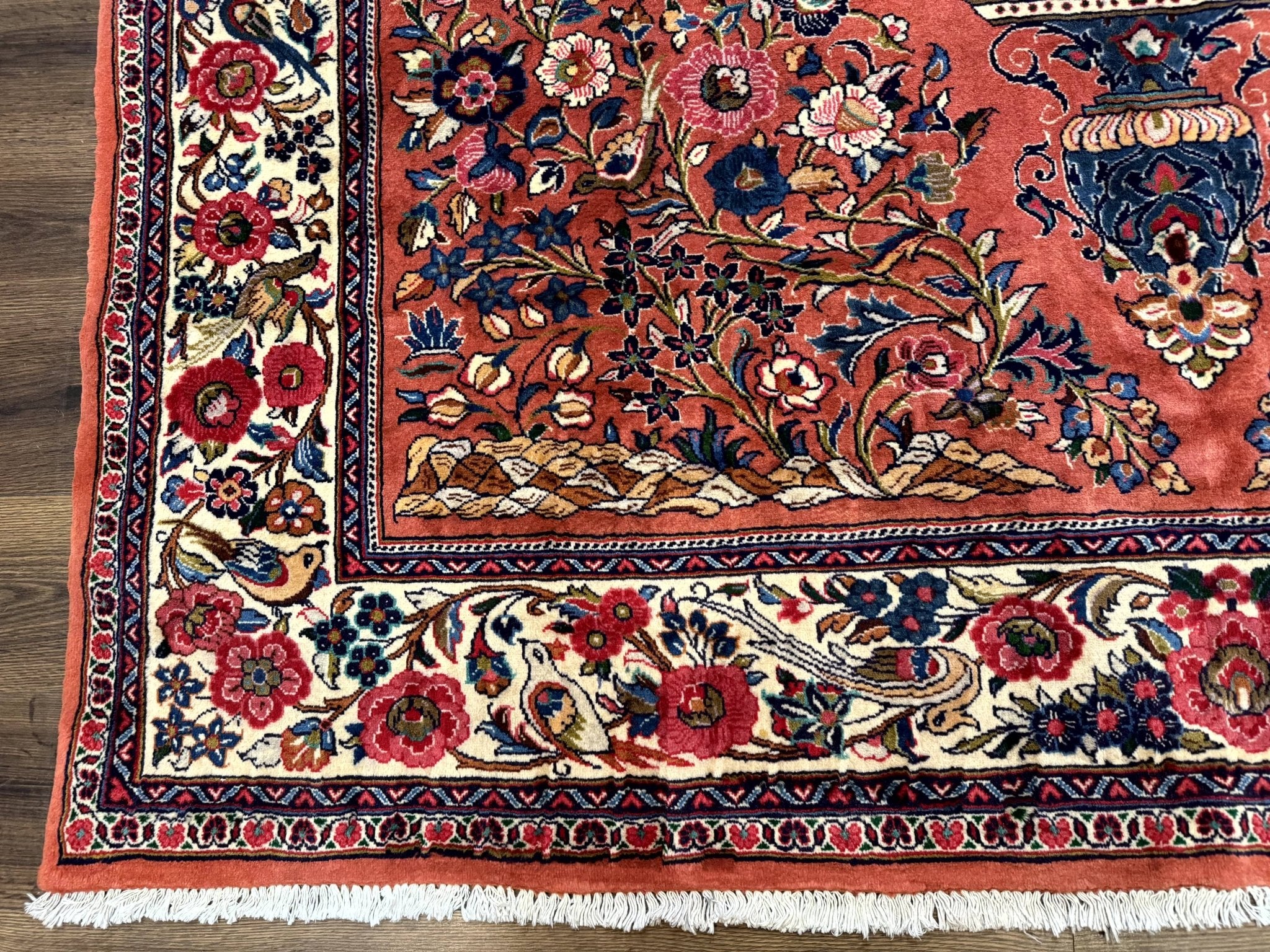 Persian Sarouk Rug 7x10, Red and Ivory, Floral Bouquets, Birds - Jewel RugsShopify CollectiveHUNTEDFOX - Persian Sarouk Rug 7x10, Red and Ivory, Floral Bouquets, Birds