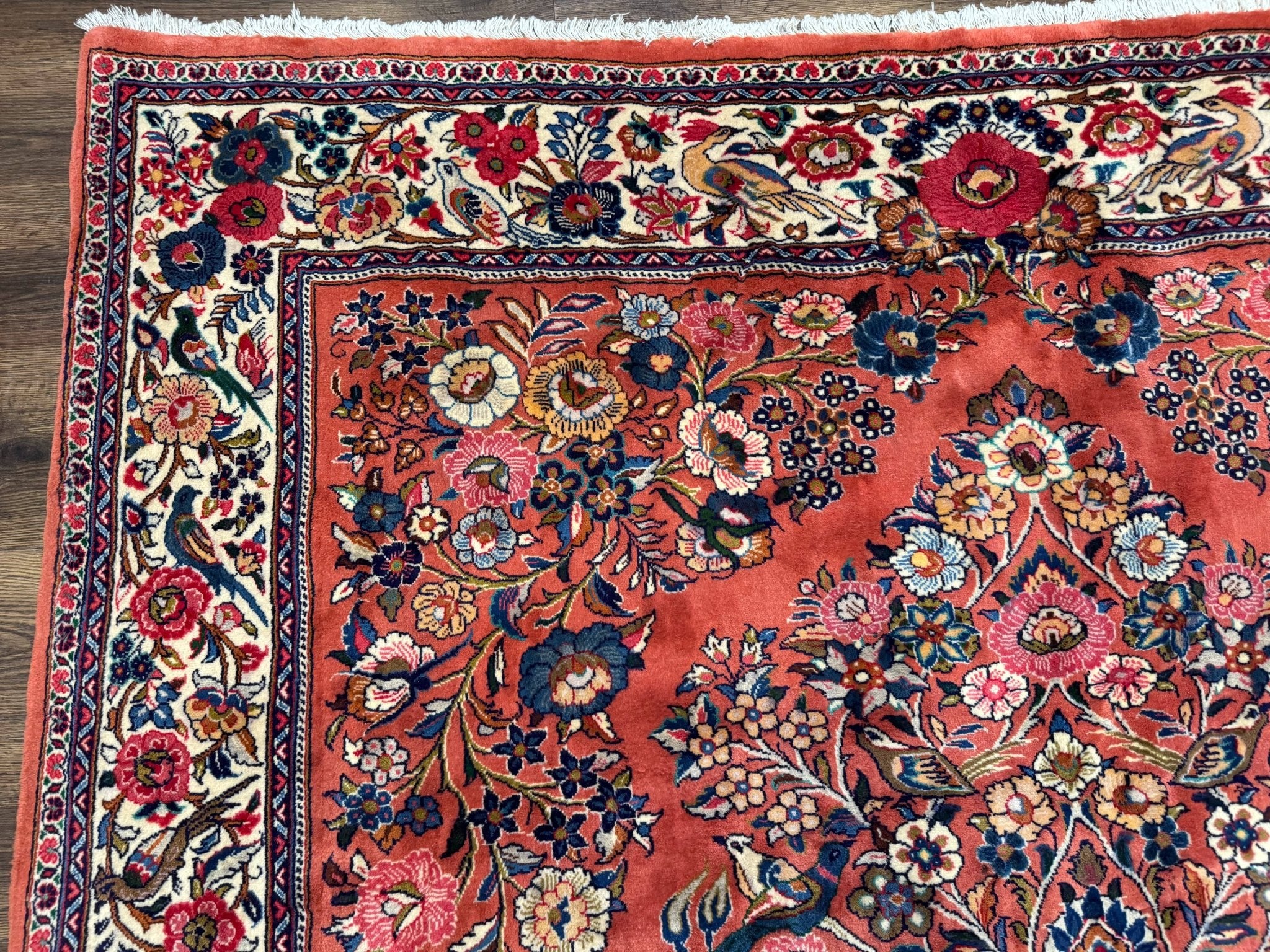 Persian Sarouk Rug 7x10, Red and Ivory, Floral Bouquets, Birds - Jewel RugsShopify CollectiveHUNTEDFOX - Persian Sarouk Rug 7x10, Red and Ivory, Floral Bouquets, Birds