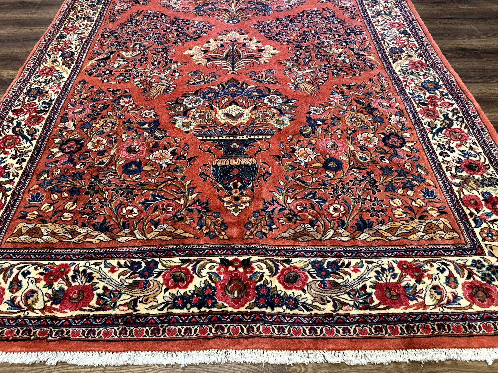 Persian Sarouk Rug 7x10, Red and Ivory, Floral Bouquets, Birds - Jewel RugsShopify CollectiveHUNTEDFOX - Persian Sarouk Rug 7x10, Red and Ivory, Floral Bouquets, Birds
