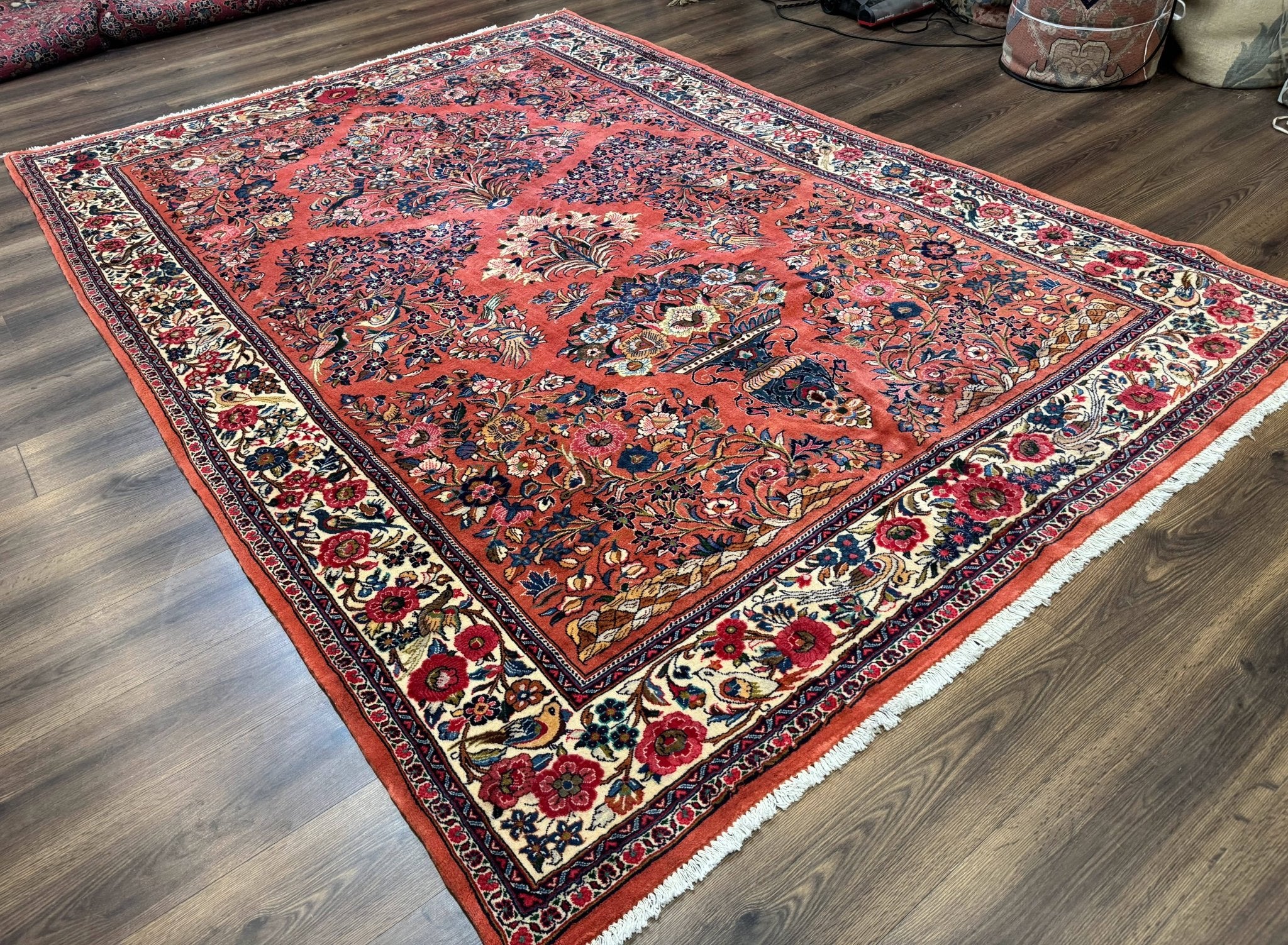 Persian Sarouk Rug 7x10, Red and Ivory, Floral Bouquets, Birds - Jewel RugsShopify CollectiveHUNTEDFOX - Persian Sarouk Rug 7x10, Red and Ivory, Floral Bouquets, Birds