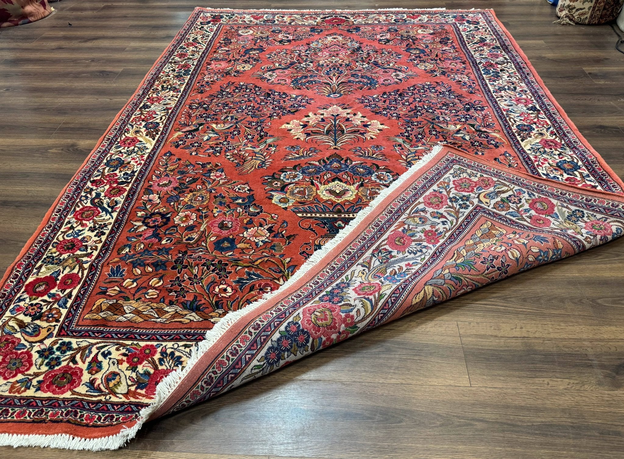 Persian Sarouk Rug 7x10, Red and Ivory, Floral Bouquets, Birds - Jewel RugsShopify CollectiveHUNTEDFOX - Persian Sarouk Rug 7x10, Red and Ivory, Floral Bouquets, Birds