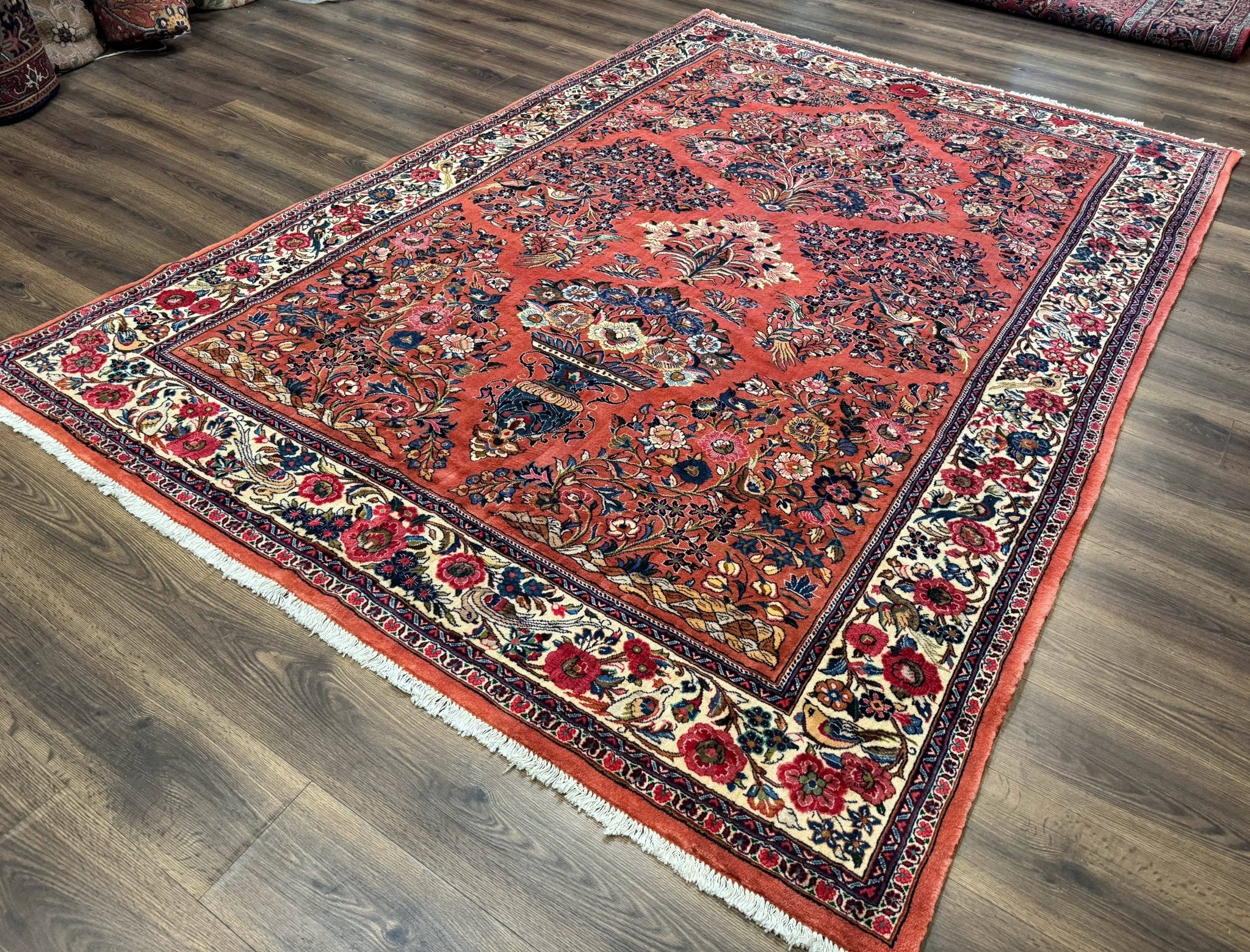 Persian Sarouk Rug 7x10, Red and Ivory, Floral Bouquets, Birds - Jewel RugsShopify CollectiveHUNTEDFOX - Persian Sarouk Rug 7x10, Red and Ivory, Floral Bouquets, Birds