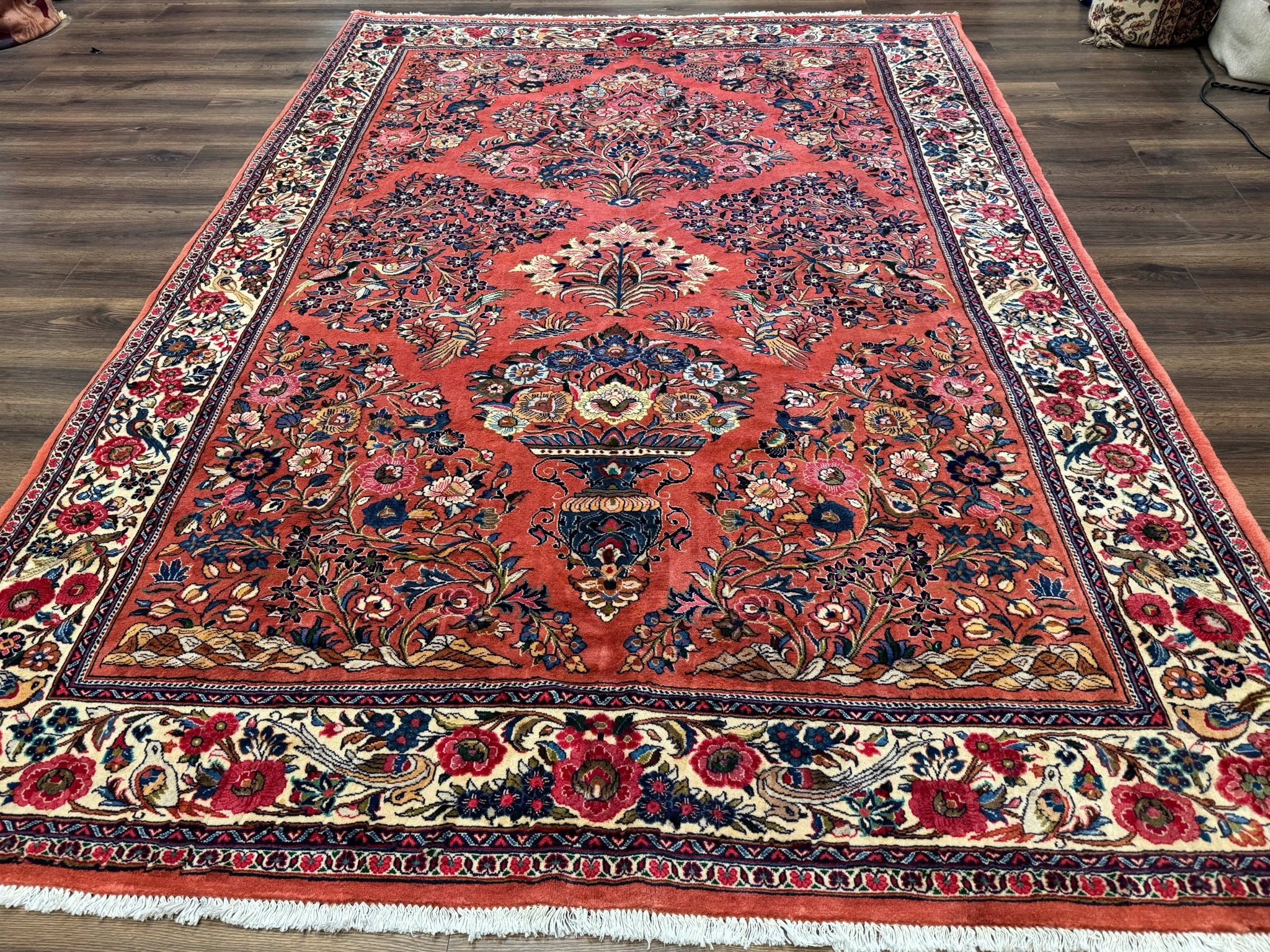 Persian Sarouk Rug 7x10, Red and Ivory, Floral Bouquets, Birds - Jewel RugsShopify CollectiveHUNTEDFOX - Persian Sarouk Rug 7x10, Red and Ivory, Floral Bouquets, Birds