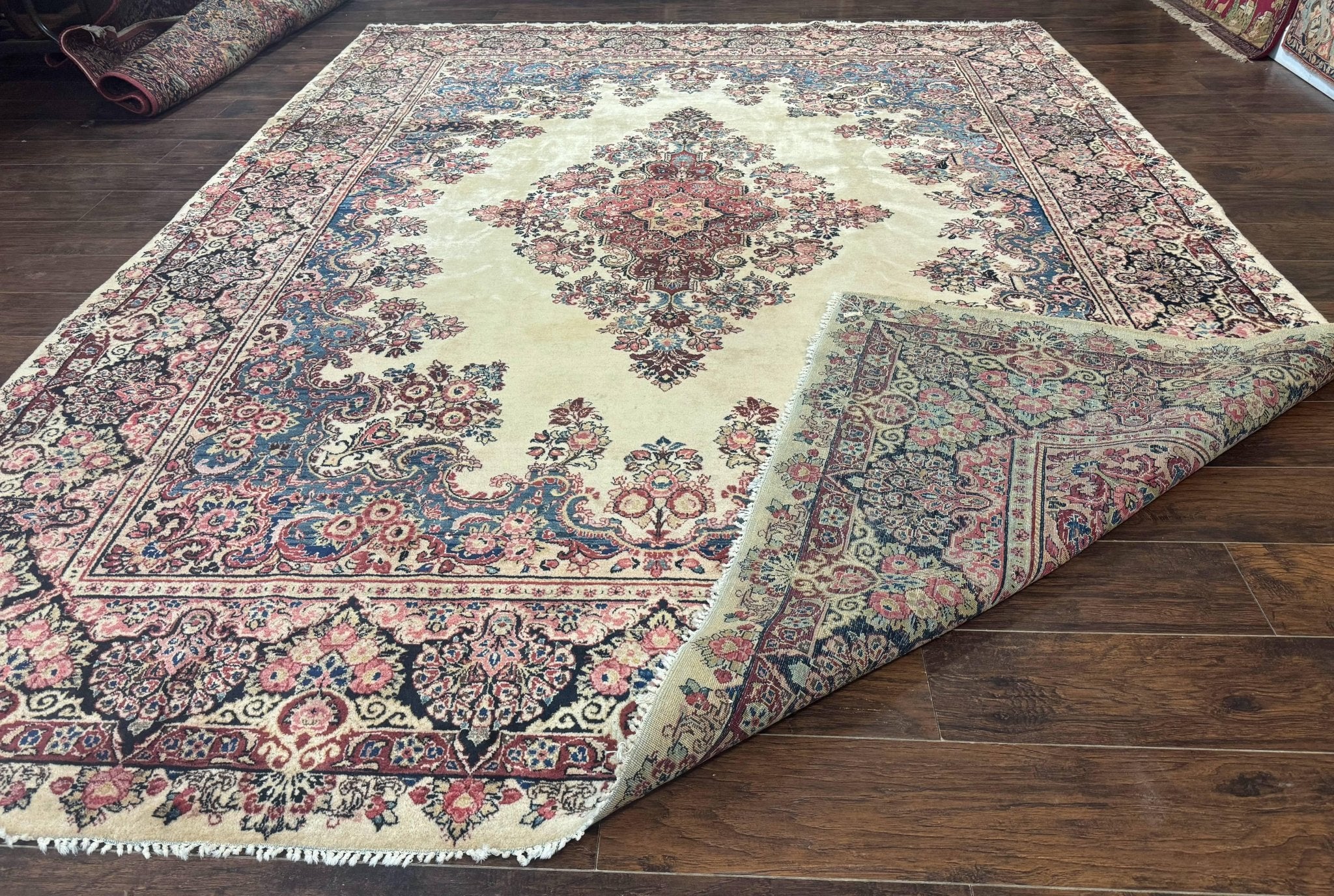 Persian Sarouk Rug 9x12, Ivory & Blue, Semi Open Field - Jewel RugsShopify CollectiveHUNTEDFOX - Persian Sarouk Rug 9x12, Ivory & Blue, Semi Open Field