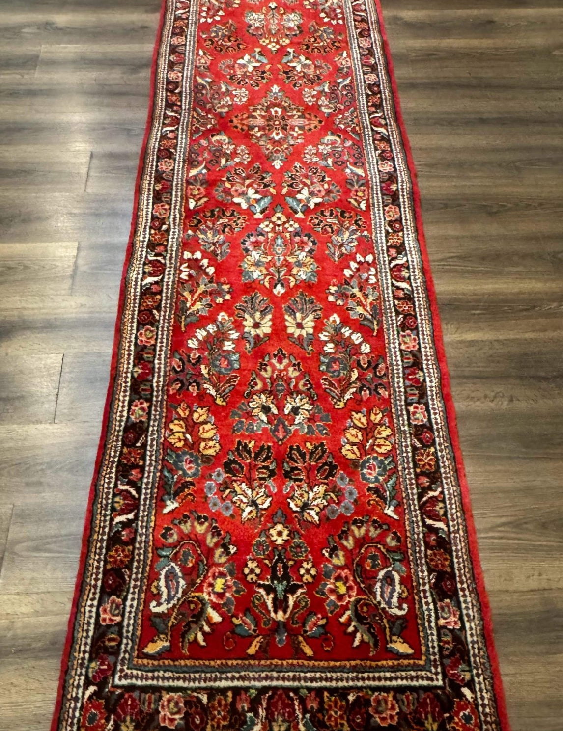 Persian Sarouk Runner Rug 3x12, Red Floral 3 x 12ft Runner, Vintage, Wool - Jewel RugsShopify CollectiveHUNTEDFOX - Persian Sarouk Runner Rug 3x12, Red Floral 3 x 12ft Runner, Vintage, Wool