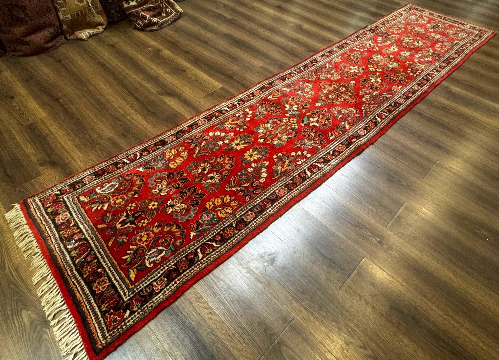 Persian Sarouk Runner Rug 3x12, Red Floral 3 x 12ft Runner, Vintage, Wool - Jewel RugsShopify CollectiveHUNTEDFOX - Persian Sarouk Runner Rug 3x12, Red Floral 3 x 12ft Runner, Vintage, Wool