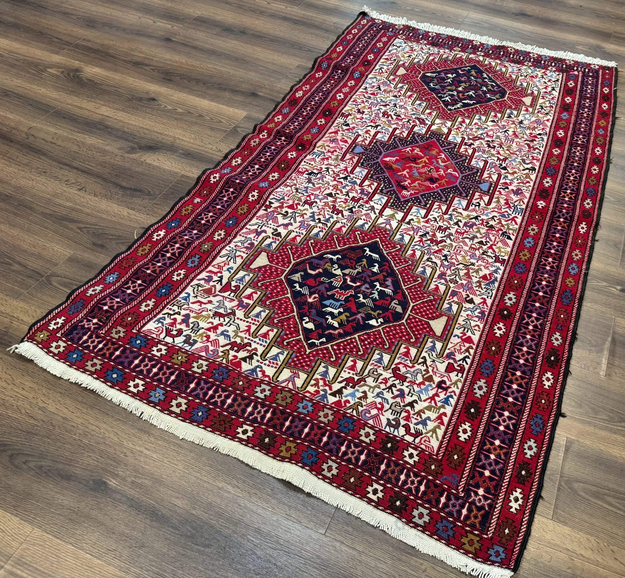 Persian Soumak Kilim Rug 4x6, Triple Medallions Tribal Pictorials, Caucasian Azerbaijani Kilim - Jewel RugsShopify CollectiveHUNTEDFOX - Persian Soumak Kilim Rug 4x6, Triple Medallions Tribal Pictorials, Caucasian Azerbaijani Kilim