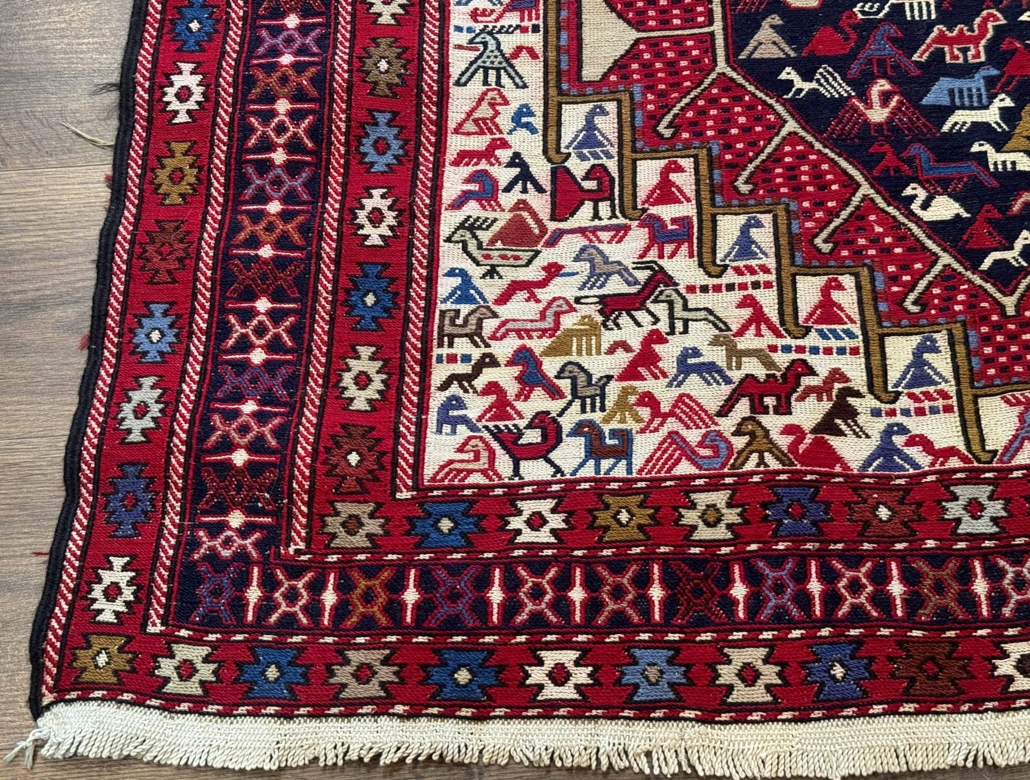 Persian Soumak Kilim Rug 4x6, Triple Medallions Tribal Pictorials, Caucasian Azerbaijani Kilim - Jewel RugsShopify CollectiveHUNTEDFOX - Persian Soumak Kilim Rug 4x6, Triple Medallions Tribal Pictorials, Caucasian Azerbaijani Kilim