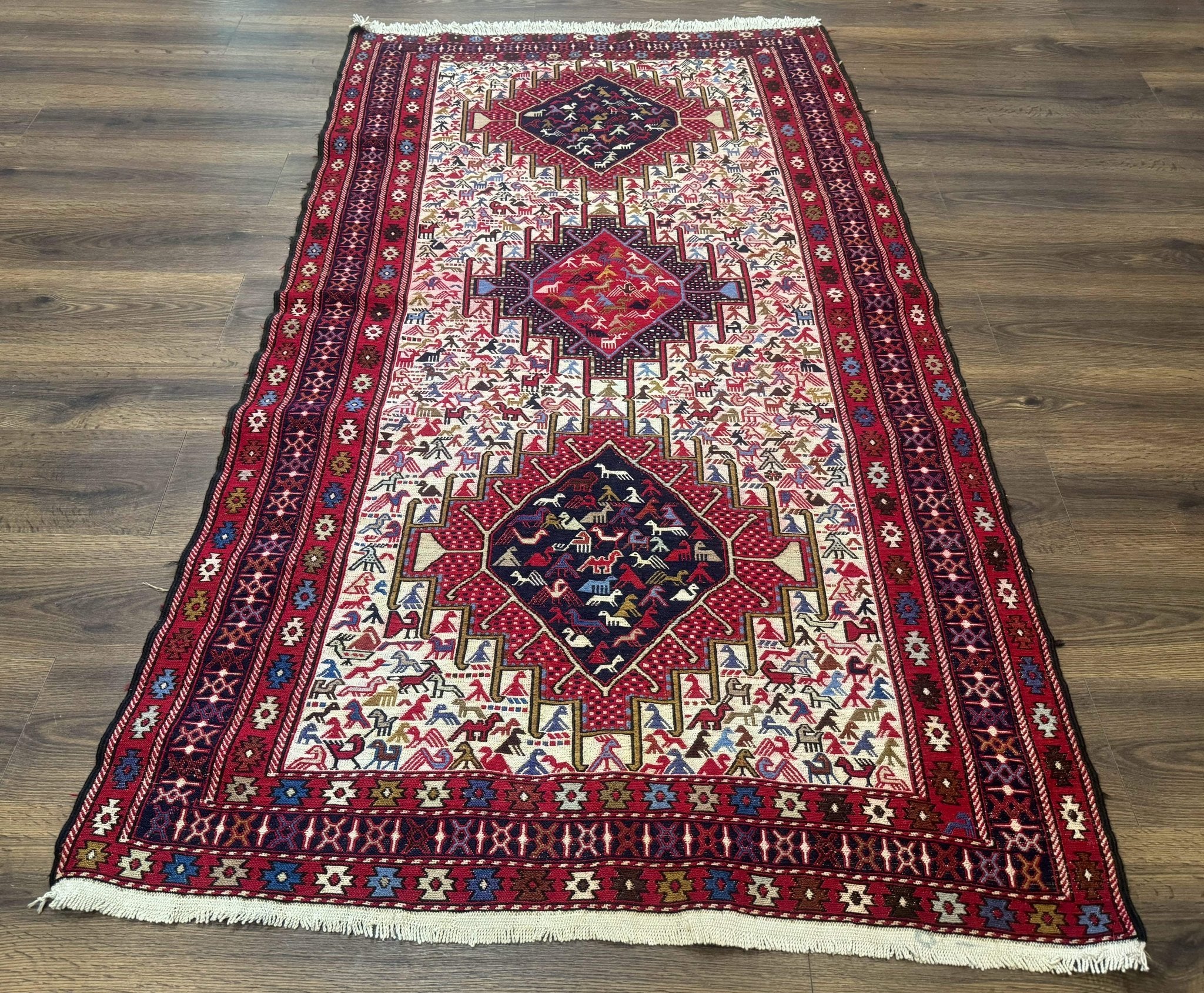 Persian Soumak Kilim Rug 4x6, Triple Medallions Tribal Pictorials, Caucasian Azerbaijani Kilim - Jewel RugsShopify CollectiveHUNTEDFOX - Persian Soumak Kilim Rug 4x6, Triple Medallions Tribal Pictorials, Caucasian Azerbaijani Kilim