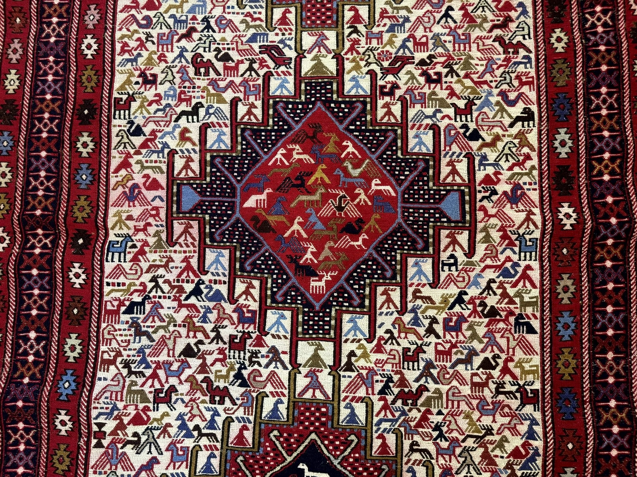 Persian Soumak Kilim Rug 4x6, Triple Medallions Tribal Pictorials, Caucasian Azerbaijani Kilim - Jewel RugsShopify CollectiveHUNTEDFOX - Persian Soumak Kilim Rug 4x6, Triple Medallions Tribal Pictorials, Caucasian Azerbaijani Kilim