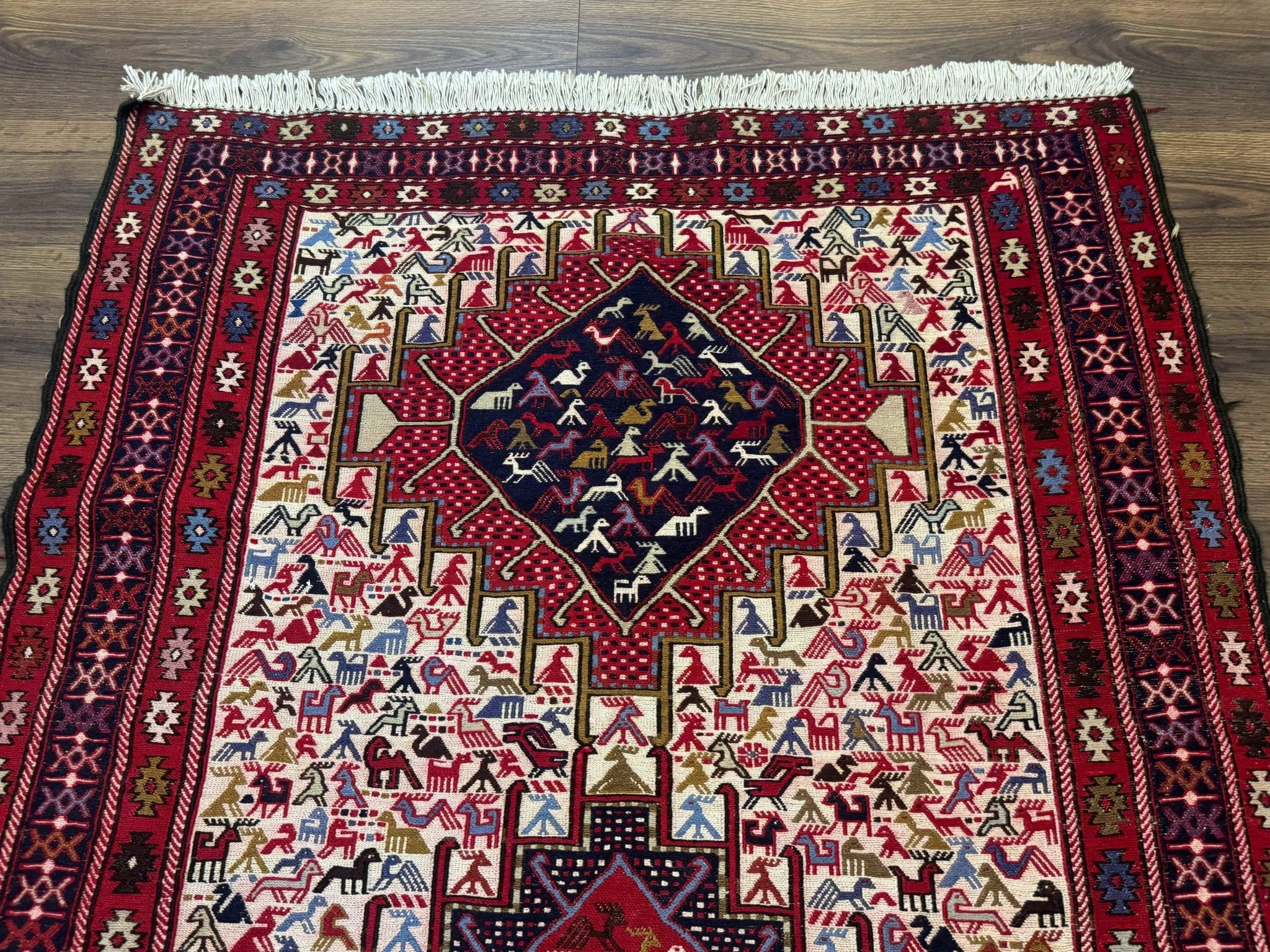 Persian Soumak Kilim Rug 4x6, Triple Medallions Tribal Pictorials, Caucasian Azerbaijani Kilim - Jewel RugsShopify CollectiveHUNTEDFOX - Persian Soumak Kilim Rug 4x6, Triple Medallions Tribal Pictorials, Caucasian Azerbaijani Kilim