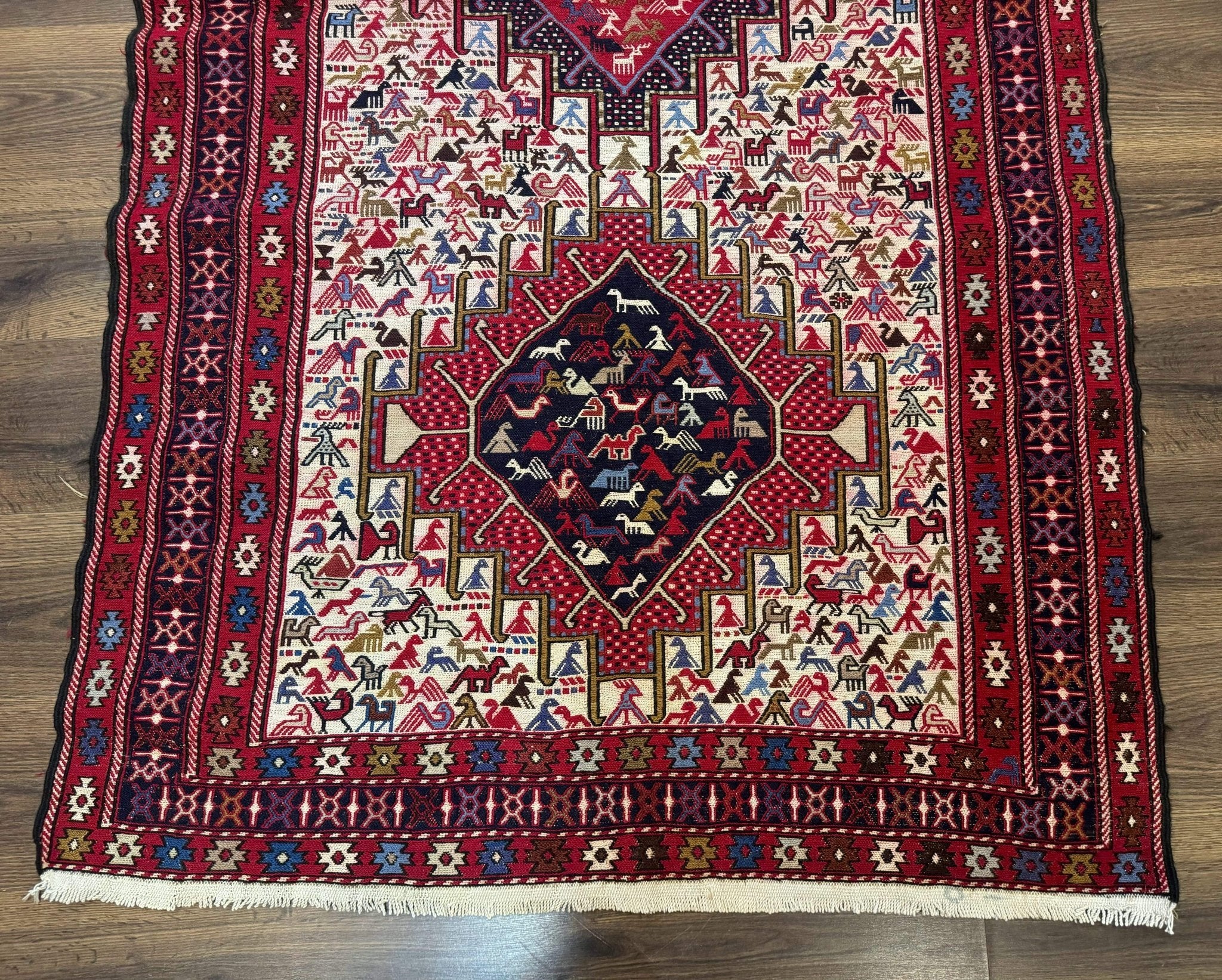 Persian Soumak Kilim Rug 4x6, Triple Medallions Tribal Pictorials, Caucasian Azerbaijani Kilim - Jewel RugsShopify CollectiveHUNTEDFOX - Persian Soumak Kilim Rug 4x6, Triple Medallions Tribal Pictorials, Caucasian Azerbaijani Kilim
