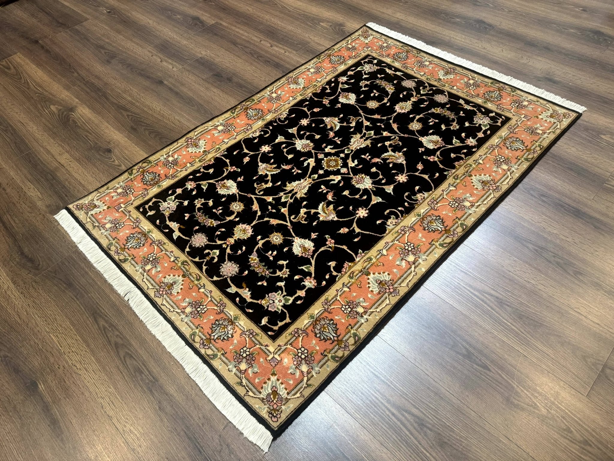 Persian Tabriz Rug 3x5 Black and Salmon Floral Fine Handmade 360 KPSI - Jewel RugsShopify CollectiveHUNTEDFOX - Persian Tabriz Rug 3x5 Black and Salmon Floral Fine Handmade 360 KPSI