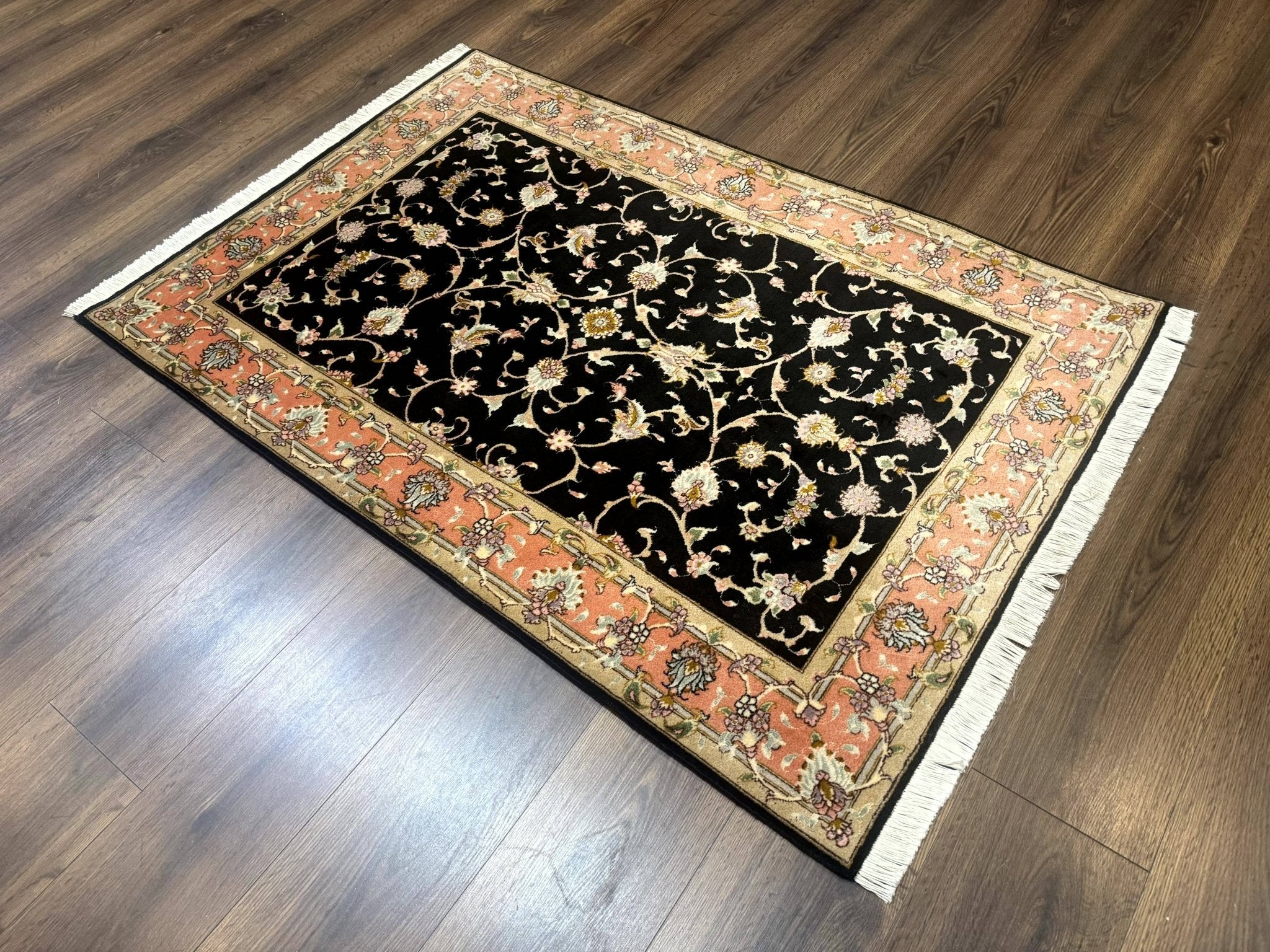 Persian Tabriz Rug 3x5 Black and Salmon Floral Fine Handmade 360 KPSI - Jewel RugsShopify CollectiveHUNTEDFOX - Persian Tabriz Rug 3x5 Black and Salmon Floral Fine Handmade 360 KPSI