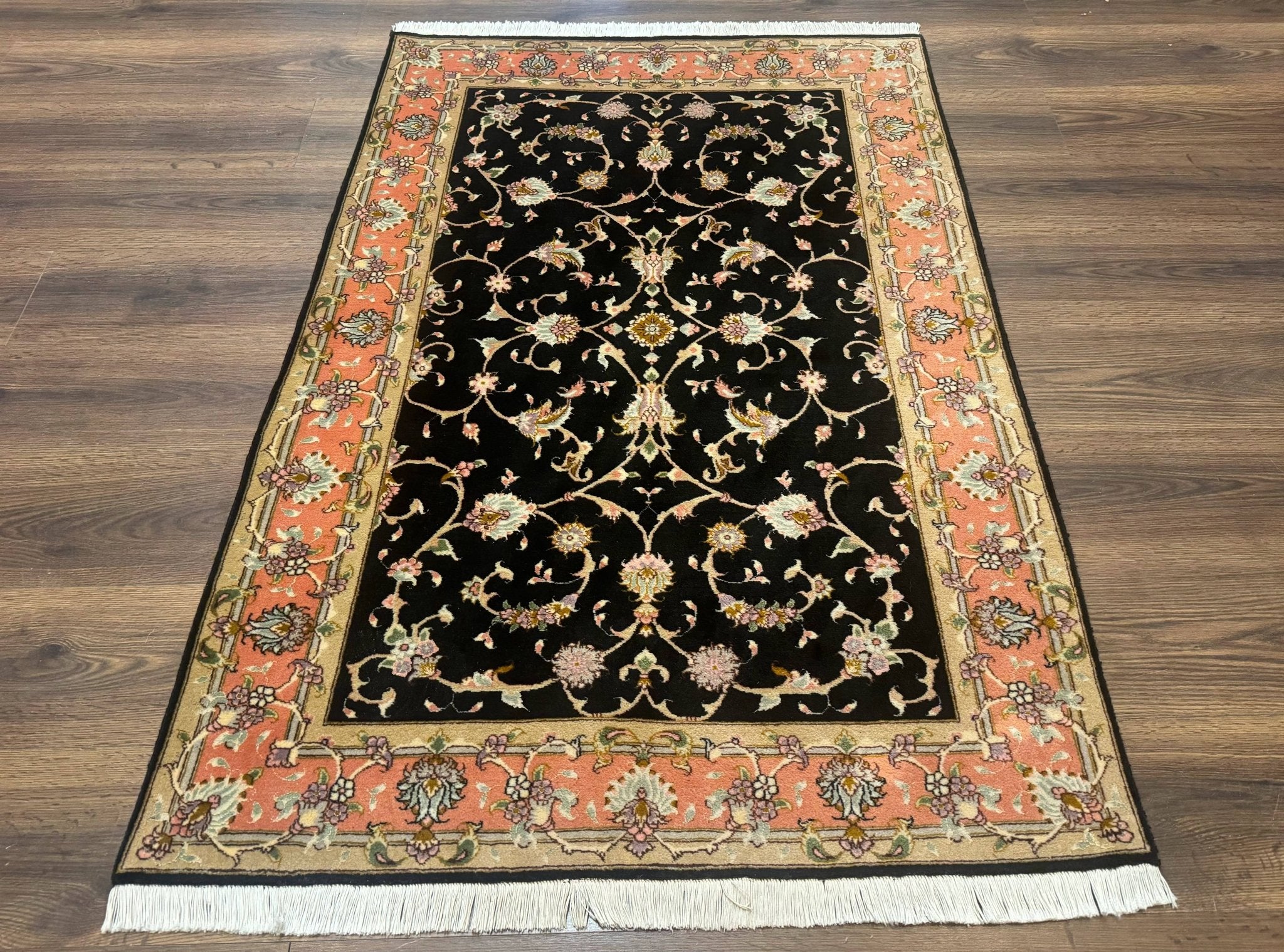 Persian Tabriz Rug 3x5 Black and Salmon Floral Fine Handmade 360 KPSI - Jewel RugsShopify CollectiveHUNTEDFOX - Persian Tabriz Rug 3x5 Black and Salmon Floral Fine Handmade 360 KPSI