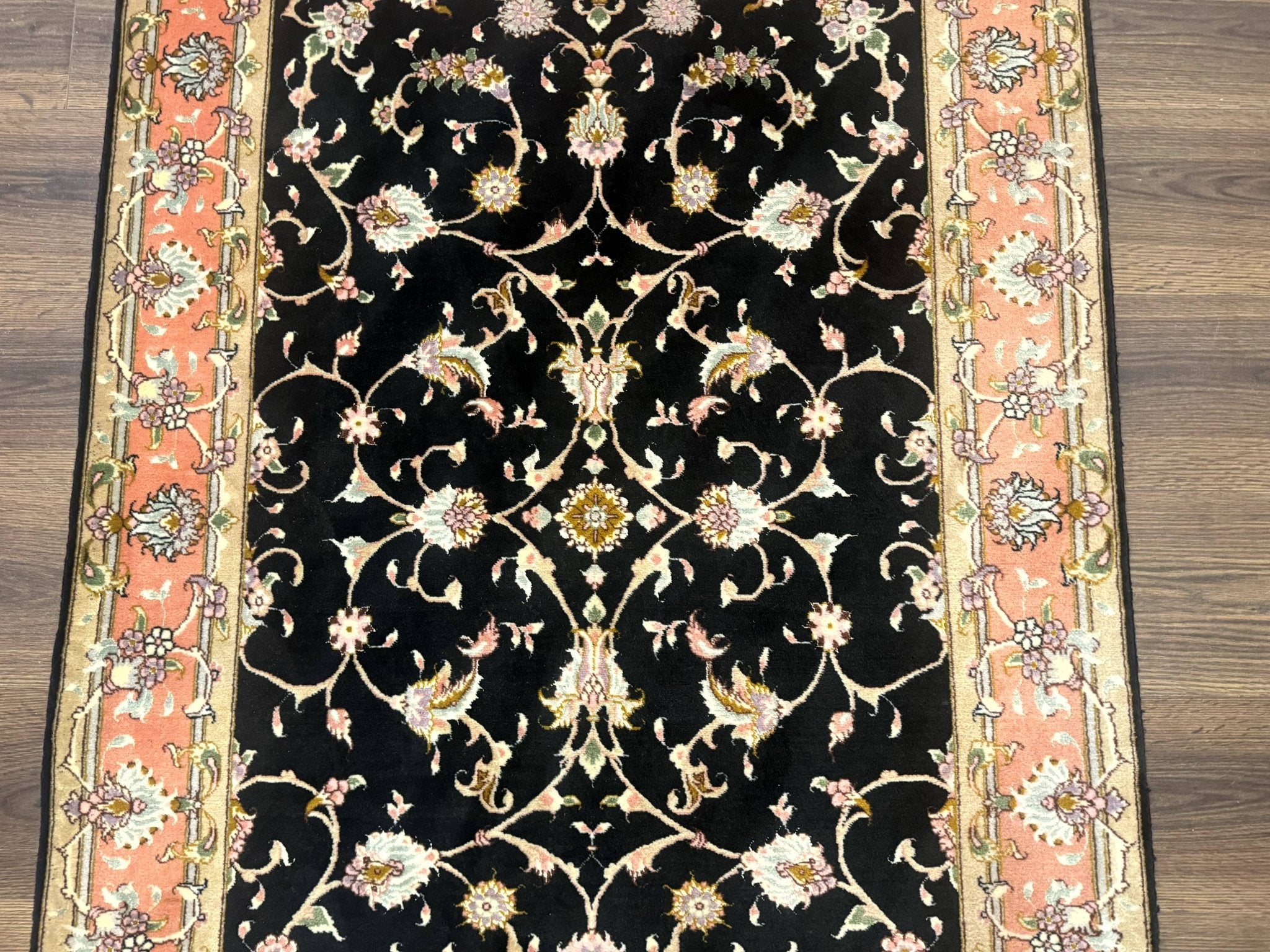 Persian Tabriz Rug 3x5 Black and Salmon Floral Fine Handmade 360 KPSI - Jewel RugsShopify CollectiveHUNTEDFOX - Persian Tabriz Rug 3x5 Black and Salmon Floral Fine Handmade 360 KPSI