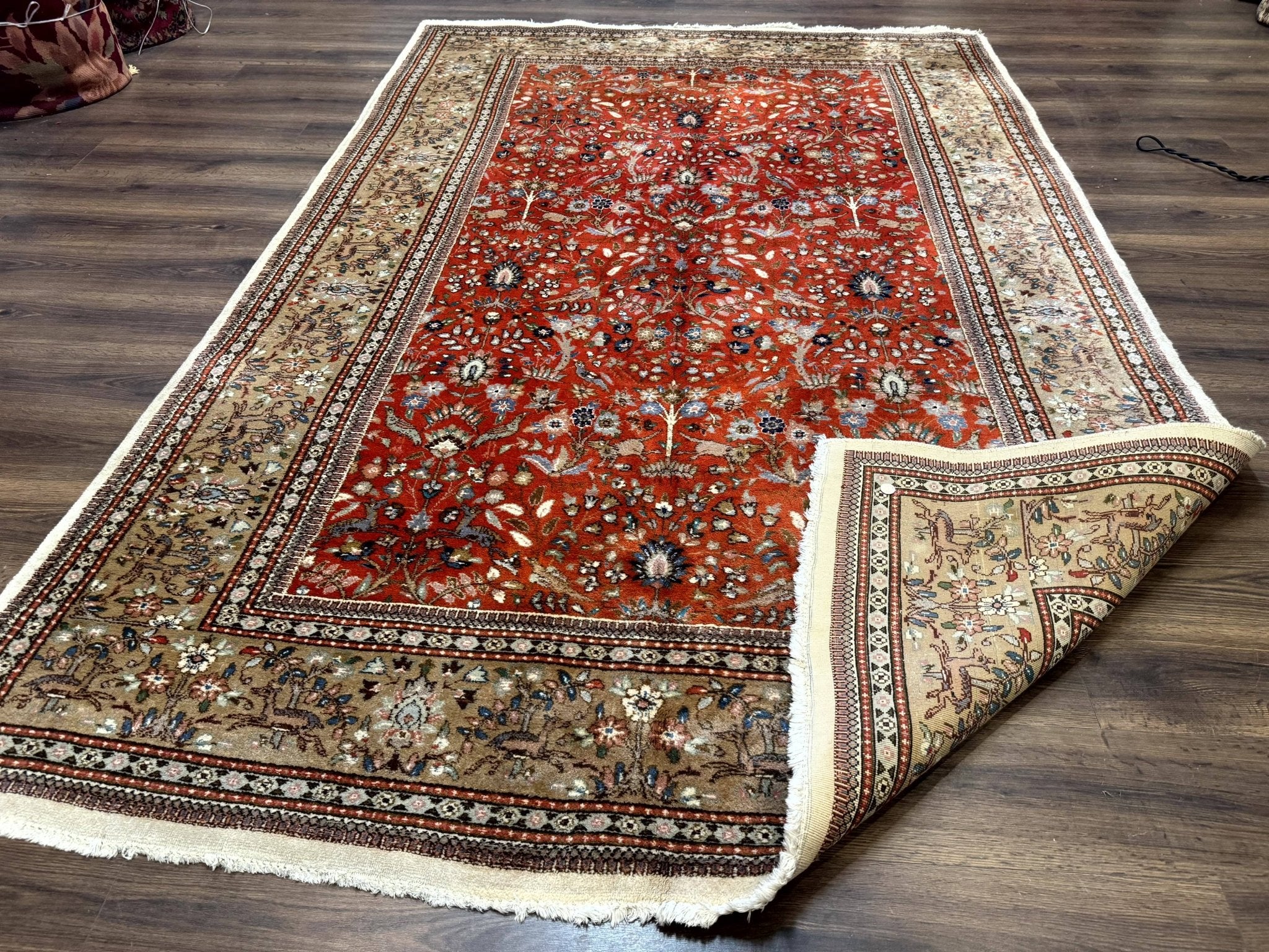 Persian Tabriz Rug 6x10, Burnt Orange and Tan, Animal Pictorials, Deer, Floral, Taba Tabae Carpet - Jewel RugsShopify CollectiveHUNTEDFOX - Persian Tabriz Rug 6x10, Burnt Orange and Tan, Animal Pictorials, Deer, Floral, Taba Tabae Carpet