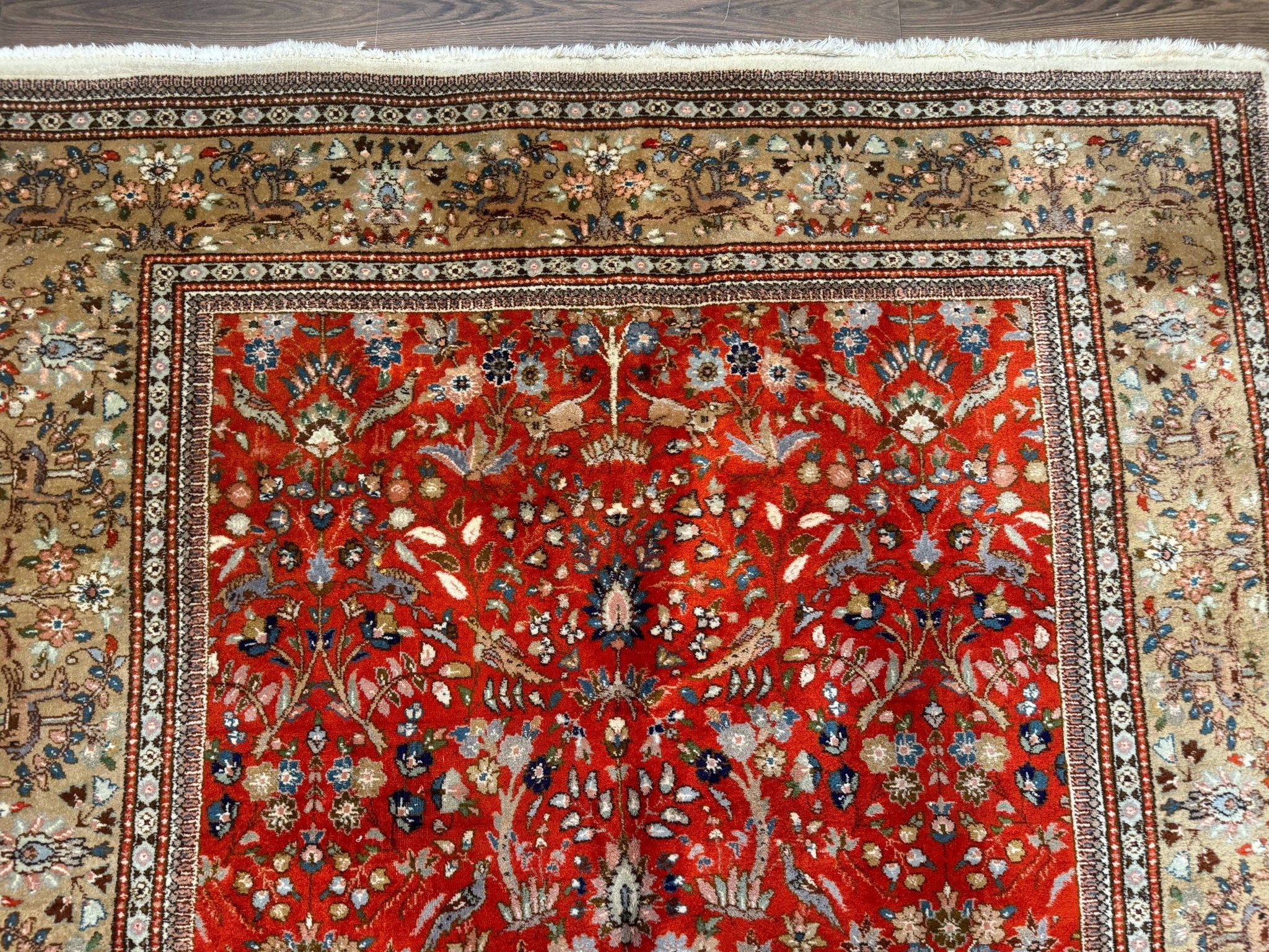 Persian Tabriz Rug 6x10, Burnt Orange and Tan, Animal Pictorials, Deer, Floral, Taba Tabae Carpet - Jewel RugsShopify CollectiveHUNTEDFOX - Persian Tabriz Rug 6x10, Burnt Orange and Tan, Animal Pictorials, Deer, Floral, Taba Tabae Carpet