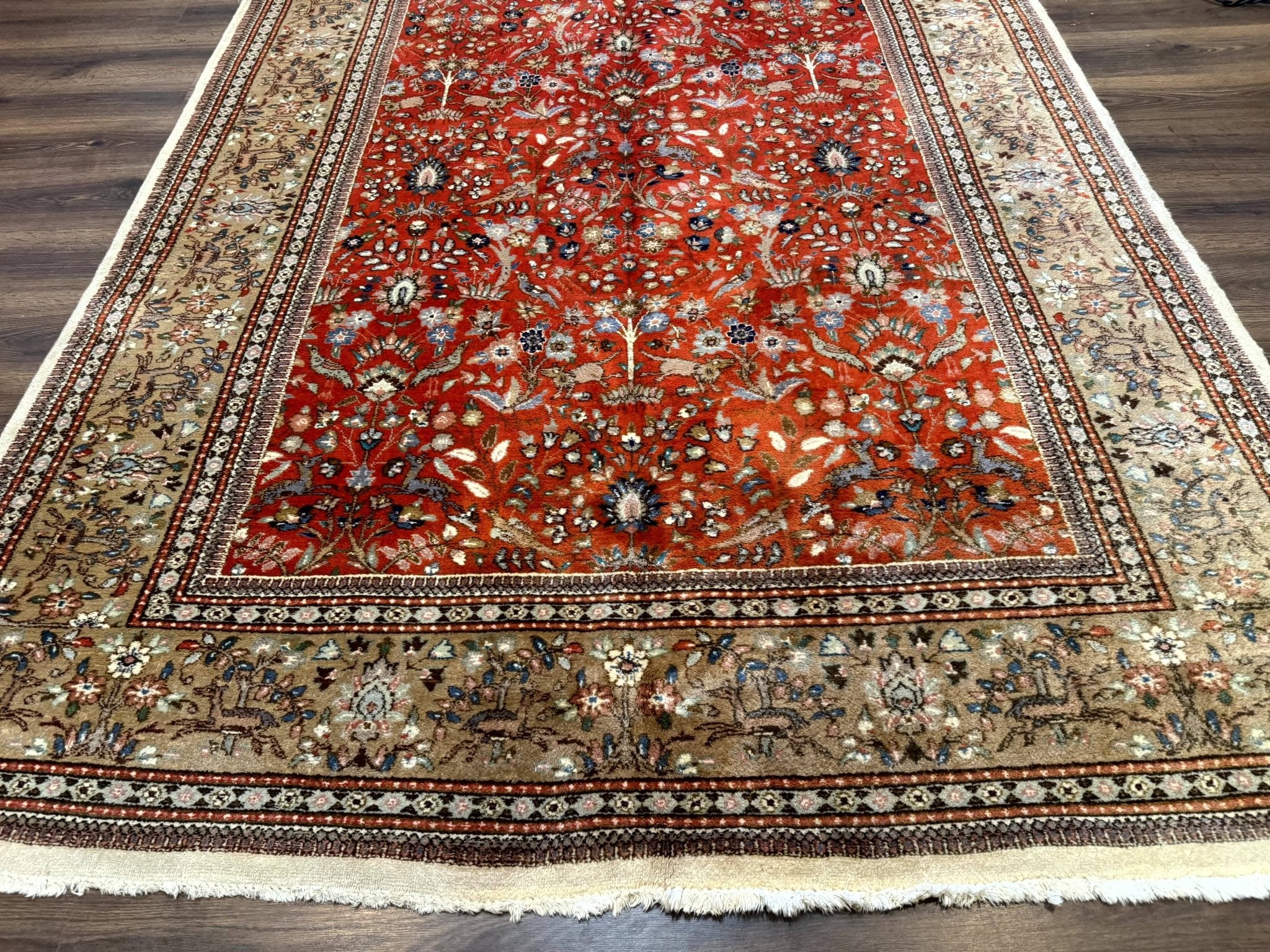 Persian Tabriz Rug 6x10, Burnt Orange and Tan, Animal Pictorials, Deer, Floral, Taba Tabae Carpet - Jewel RugsShopify CollectiveHUNTEDFOX - Persian Tabriz Rug 6x10, Burnt Orange and Tan, Animal Pictorials, Deer, Floral, Taba Tabae Carpet