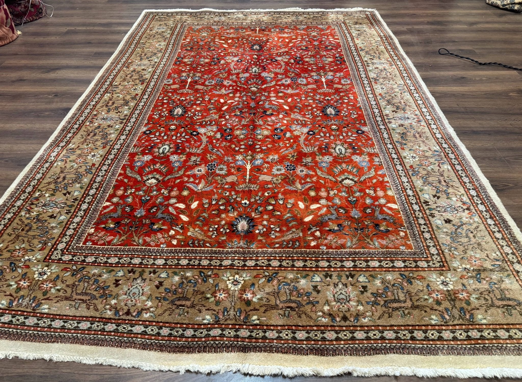 Persian Tabriz Rug 6x10, Burnt Orange and Tan, Animal Pictorials, Deer, Floral, Taba Tabae Carpet - Jewel RugsShopify CollectiveHUNTEDFOX - Persian Tabriz Rug 6x10, Burnt Orange and Tan, Animal Pictorials, Deer, Floral, Taba Tabae Carpet