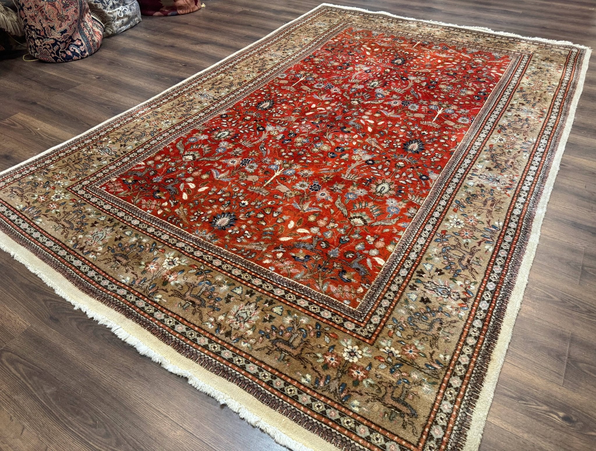 Persian Tabriz Rug 6x10, Burnt Orange and Tan, Animal Pictorials, Deer, Floral, Taba Tabae Carpet - Jewel RugsShopify CollectiveHUNTEDFOX - Persian Tabriz Rug 6x10, Burnt Orange and Tan, Animal Pictorials, Deer, Floral, Taba Tabae Carpet