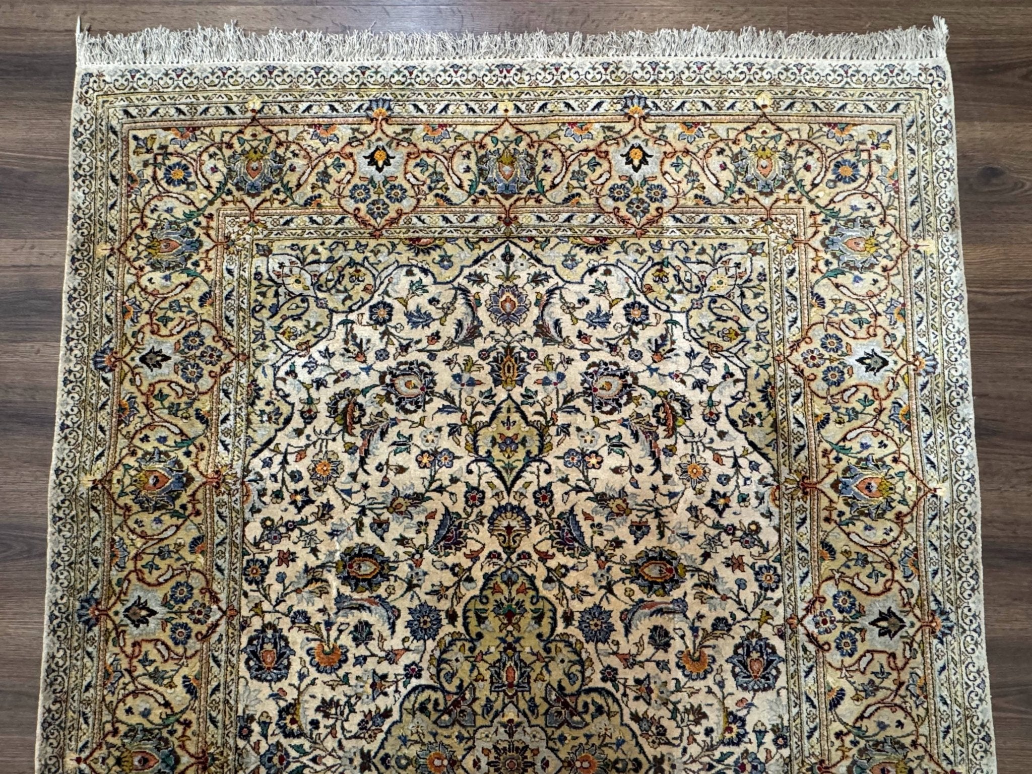 Rare Silk Persian Kashan Rug 4.6 x 7, Antique Fine 310 KPSI, Ivory - Jewel RugsShopify CollectiveHUNTEDFOX - Rare Silk Persian Kashan Rug 4.6 x 7, Antique Fine 310 KPSI, Ivory
