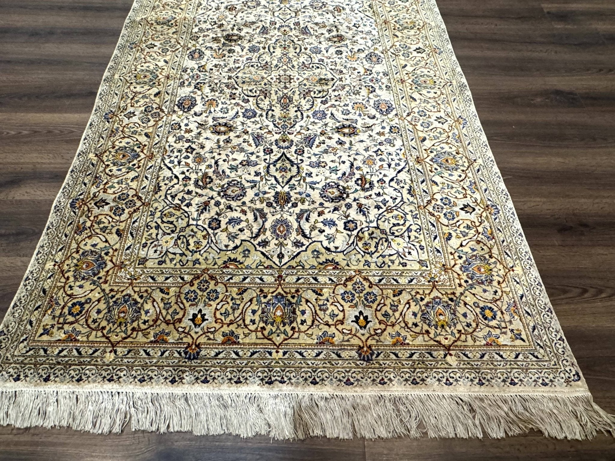 Rare Silk Persian Kashan Rug 4.6 x 7, Antique Fine 310 KPSI, Ivory - Jewel RugsShopify CollectiveHUNTEDFOX - Rare Silk Persian Kashan Rug 4.6 x 7, Antique Fine 310 KPSI, Ivory
