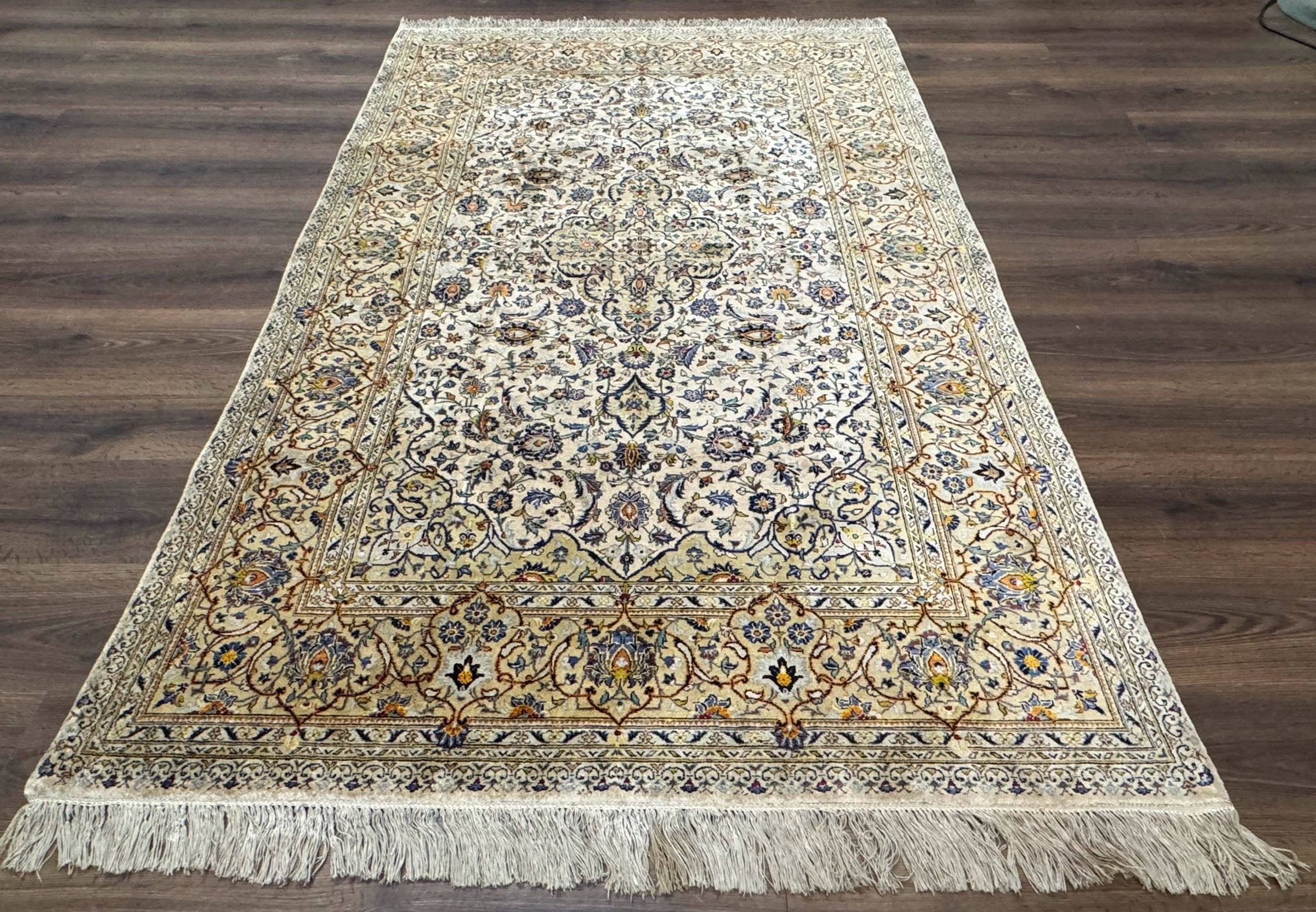 Rare Silk Persian Kashan Rug 4.6 x 7, Antique Fine 310 KPSI, Ivory - Jewel RugsShopify CollectiveHUNTEDFOX - Rare Silk Persian Kashan Rug 4.6 x 7, Antique Fine 310 KPSI, Ivory
