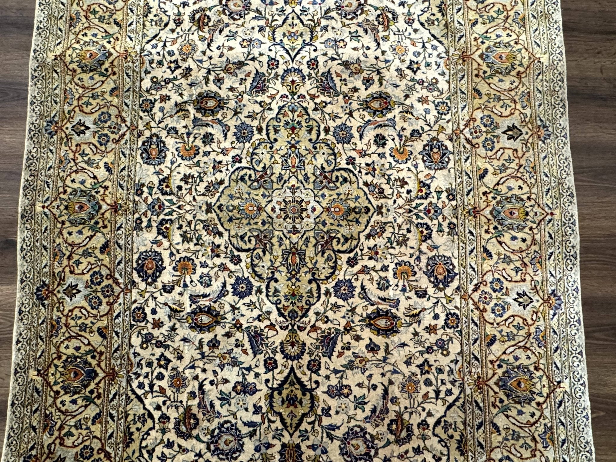 Rare Silk Persian Kashan Rug 4.6 x 7, Antique Fine 310 KPSI, Ivory - Jewel RugsShopify CollectiveHUNTEDFOX - Rare Silk Persian Kashan Rug 4.6 x 7, Antique Fine 310 KPSI, Ivory