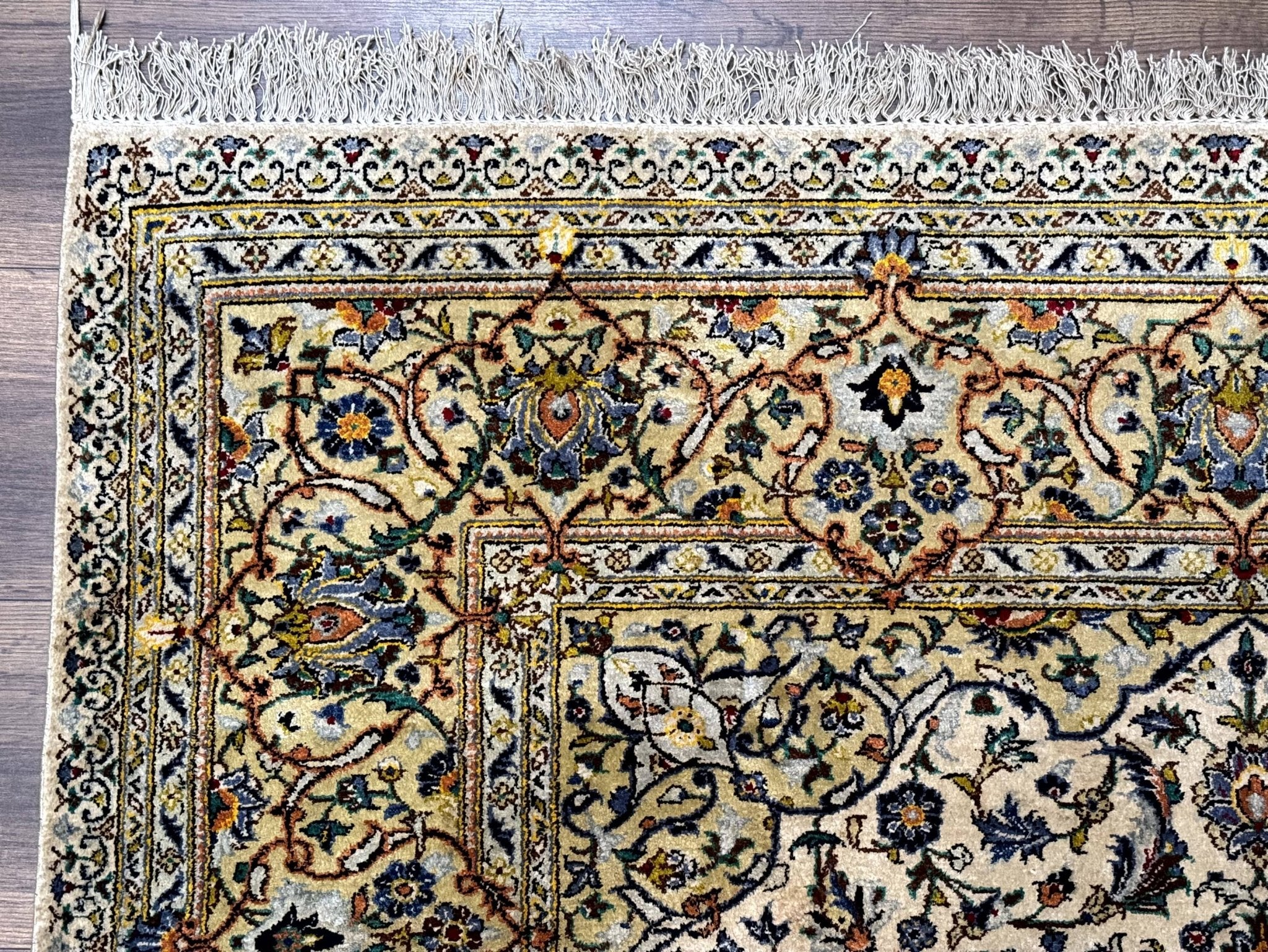 Rare Silk Persian Kashan Rug 4.6 x 7, Antique Fine 310 KPSI, Ivory - Jewel RugsShopify CollectiveHUNTEDFOX - Rare Silk Persian Kashan Rug 4.6 x 7, Antique Fine 310 KPSI, Ivory