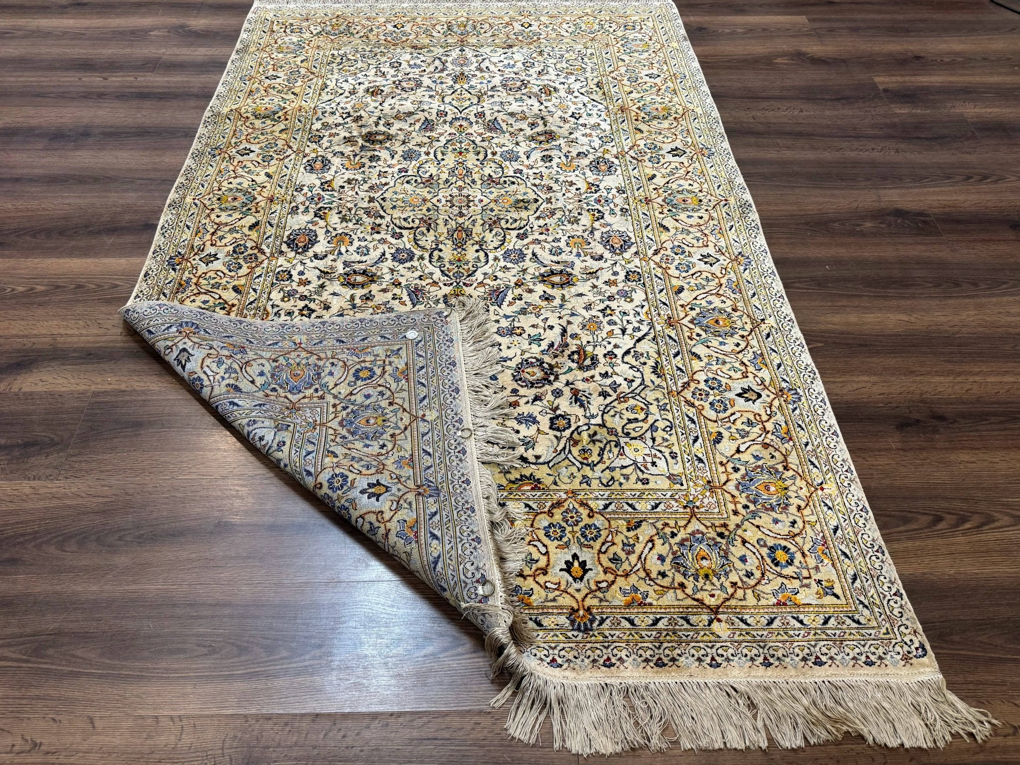 Rare Silk Persian Kashan Rug 4.6 x 7, Antique Fine 310 KPSI, Ivory - Jewel RugsShopify CollectiveHUNTEDFOX - Rare Silk Persian Kashan Rug 4.6 x 7, Antique Fine 310 KPSI, Ivory