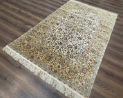 Rare Silk Persian Kashan Rug 4.6 x 7, Antique Fine 310 KPSI, Ivory - Jewel RugsShopify CollectiveHUNTEDFOX - Rare Silk Persian Kashan Rug 4.6 x 7, Antique Fine 310 KPSI, Ivory