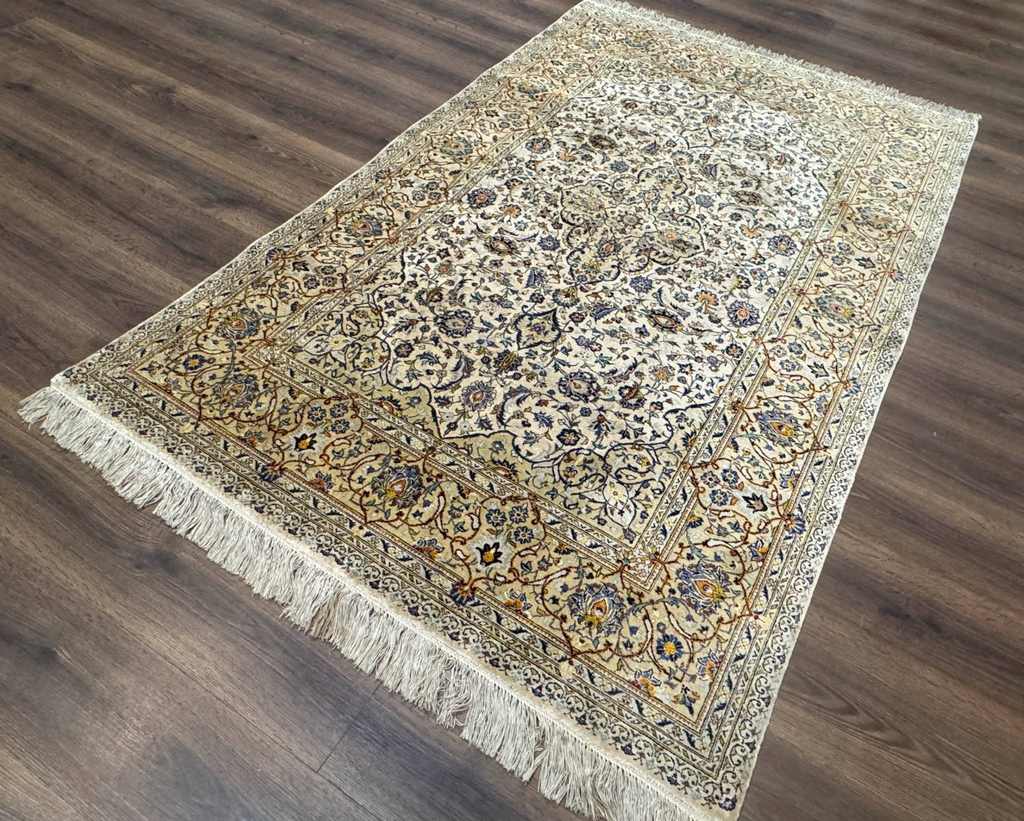 Rare Silk Persian Kashan Rug 4.6 x 7, Antique Fine 310 KPSI, Ivory - Jewel RugsShopify CollectiveHUNTEDFOX - Rare Silk Persian Kashan Rug 4.6 x 7, Antique Fine 310 KPSI, Ivory
