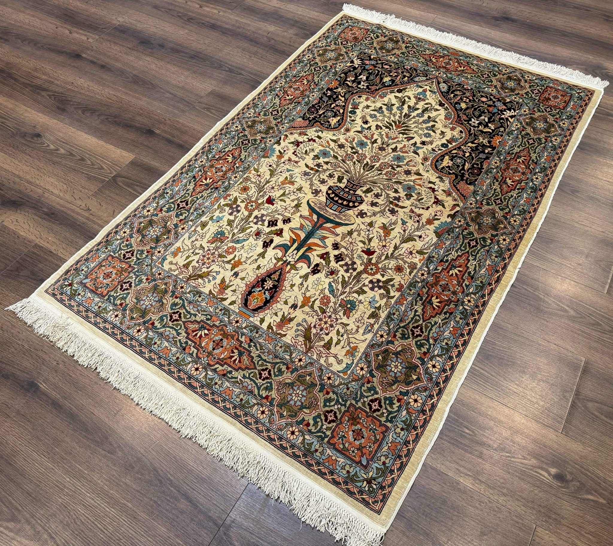 Rare Turkish Hereke Silk Rug 3x5, Tree of Life Persian Vase Design, Very Fine 440 KPSI, Signed - Jewel RugsShopify CollectiveHUNTEDFOX - Rare Turkish Hereke Silk Rug 3x5, Tree of Life Persian Vase Design, Very Fine 440 KPSI, Signed