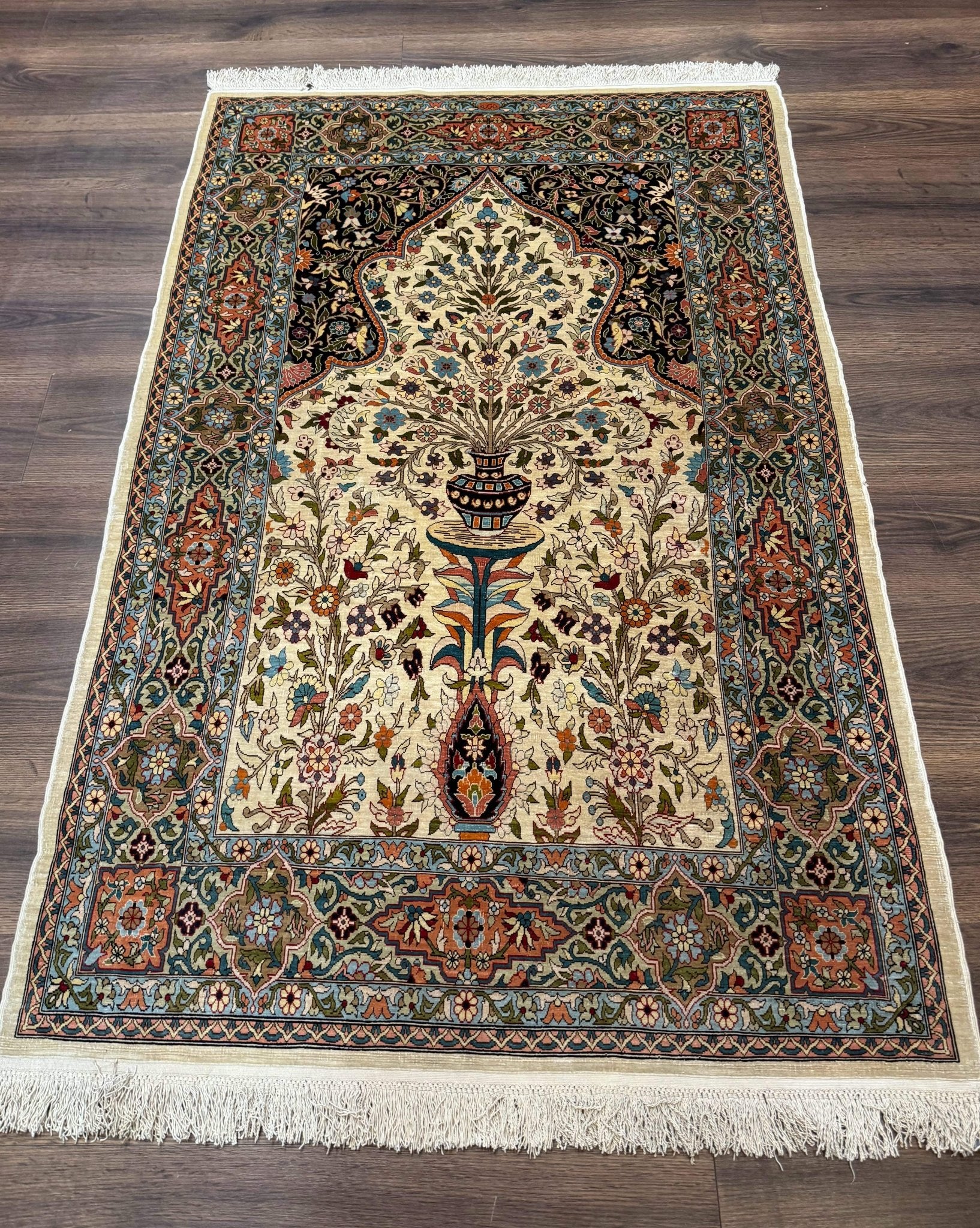 Rare Turkish Hereke Silk Rug 3x5, Tree of Life Persian Vase Design, Very Fine 440 KPSI, Signed - Jewel RugsShopify CollectiveHUNTEDFOX - Rare Turkish Hereke Silk Rug 3x5, Tree of Life Persian Vase Design, Very Fine 440 KPSI, Signed