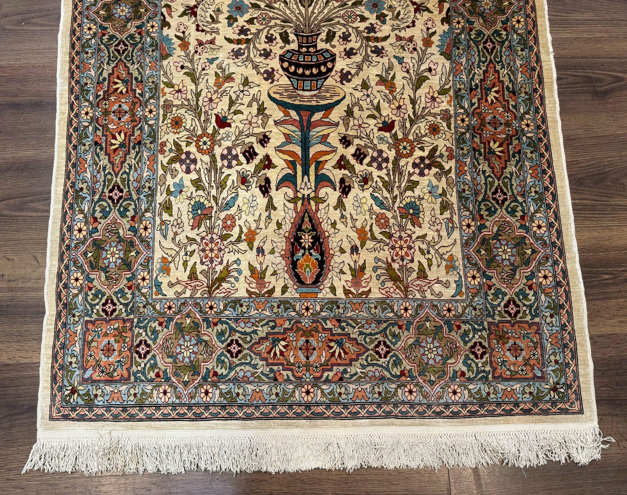 Rare Turkish Hereke Silk Rug 3x5, Tree of Life Persian Vase Design, Very Fine 440 KPSI, Signed - Jewel RugsShopify CollectiveHUNTEDFOX - Rare Turkish Hereke Silk Rug 3x5, Tree of Life Persian Vase Design, Very Fine 440 KPSI, Signed