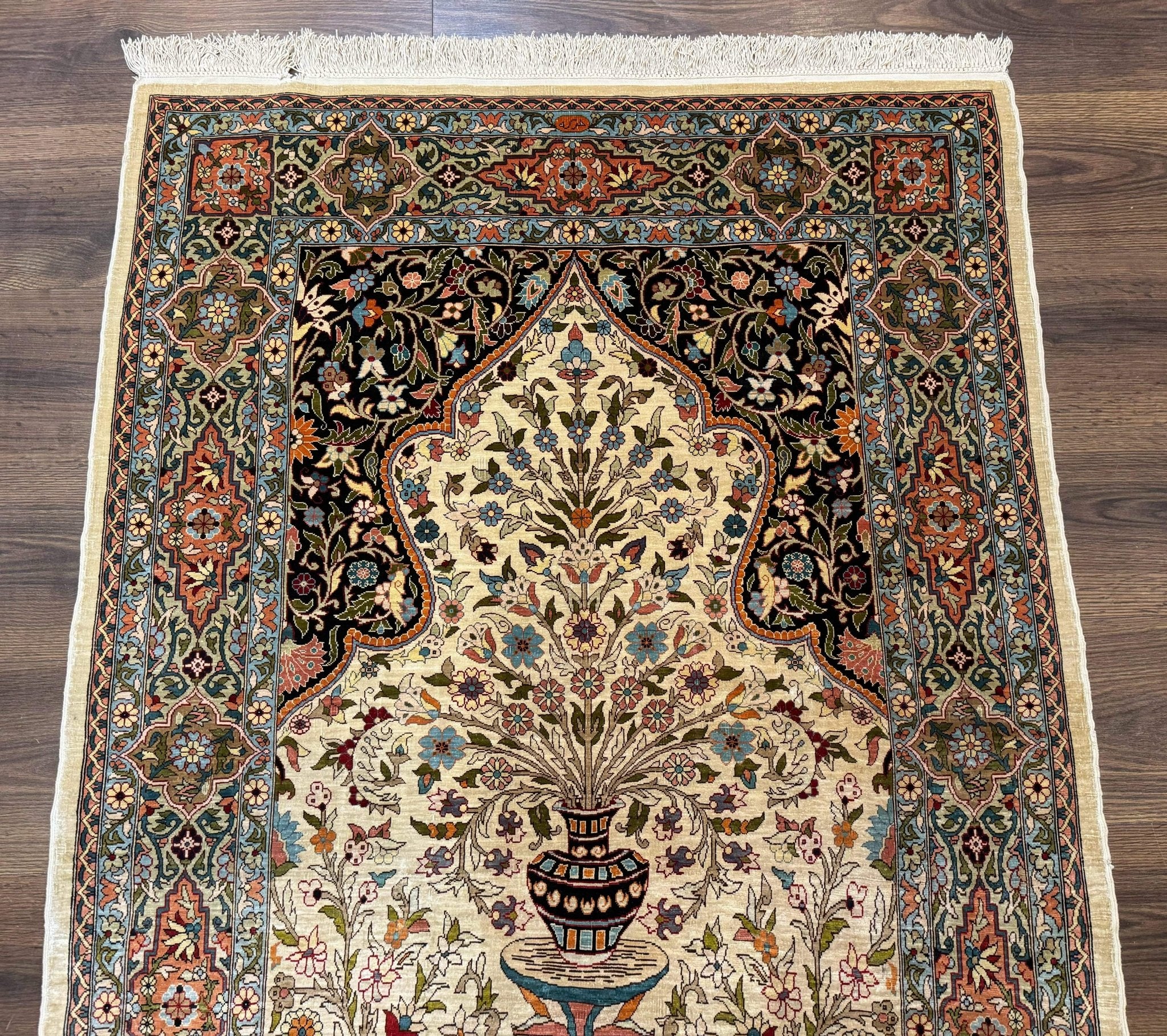 Rare Turkish Hereke Silk Rug 3x5, Tree of Life Persian Vase Design, Very Fine 440 KPSI, Signed - Jewel RugsShopify CollectiveHUNTEDFOX - Rare Turkish Hereke Silk Rug 3x5, Tree of Life Persian Vase Design, Very Fine 440 KPSI, Signed