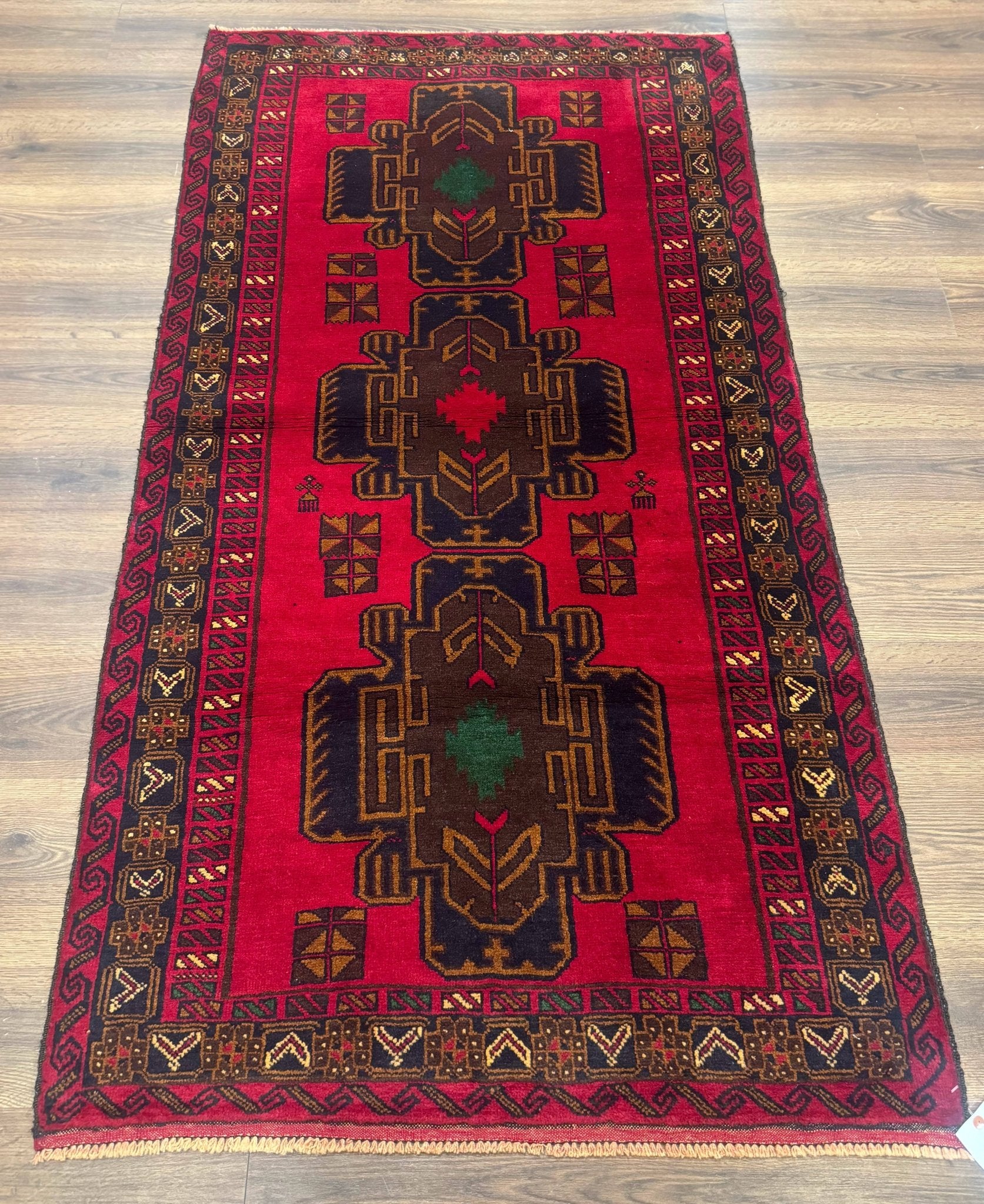 Red Afghan Balouch Rug 4x7, Triple Medallions, Handmade, New - Jewel RugsShopify CollectiveHUNTEDFOX - Red Afghan Balouch Rug 4x7, Triple Medallions, Handmade, New