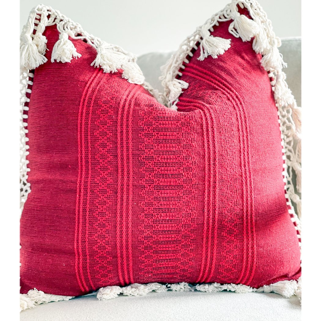 Red and White Boho Throw Pillow With Fringe - BAJA CHICNEWorangeHUNTEDFOX - Red Mexican Throw Pillow With Fringe