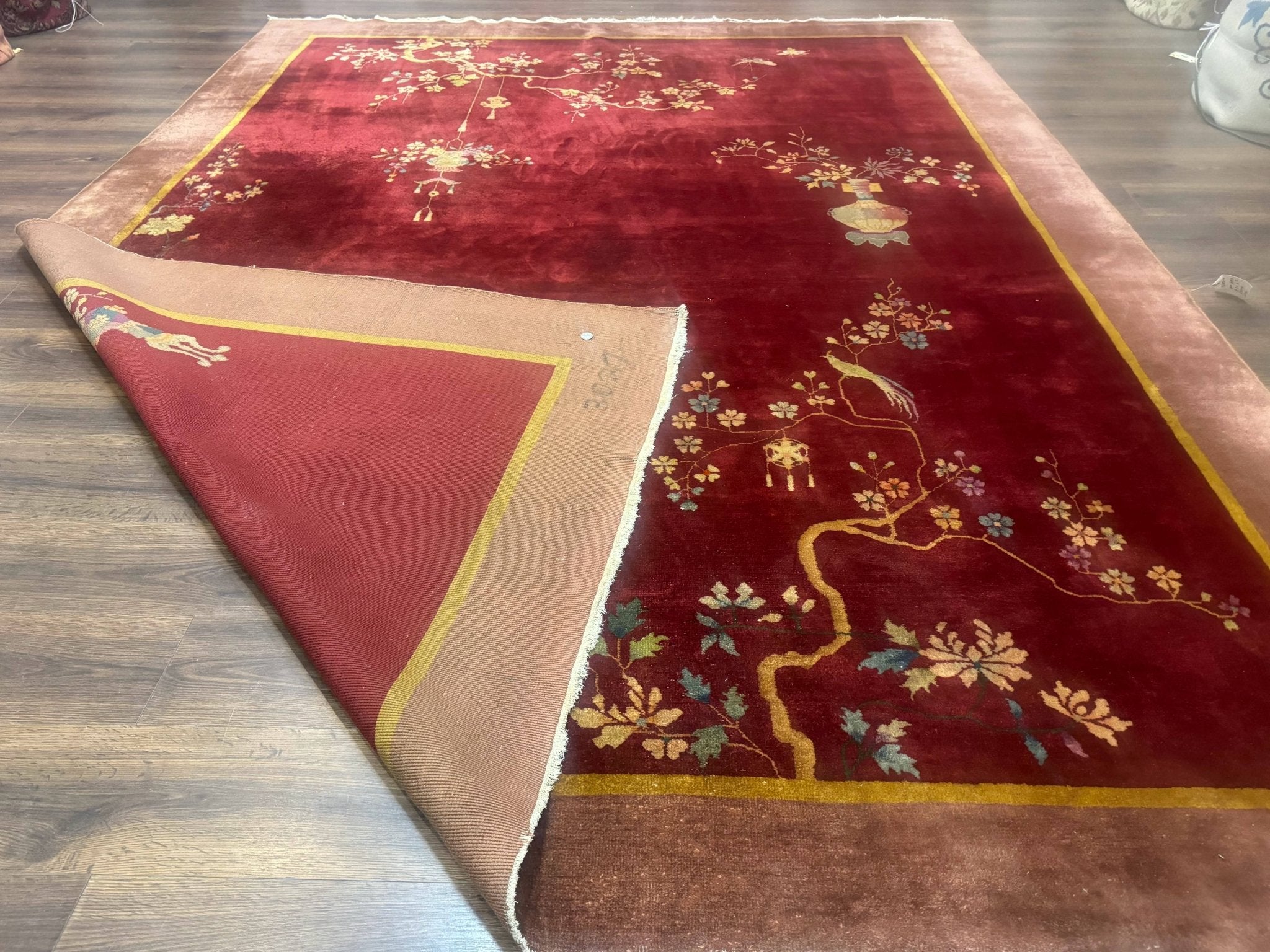 Red Chinese Art Deco Rug 9x11, Simple Design, Wool Chinese Area Rug, Antique - Jewel RugsShopify CollectiveHUNTEDFOX - Red Chinese Art Deco Rug 9x11, Simple Design, Wool Chinese Area Rug, Antique