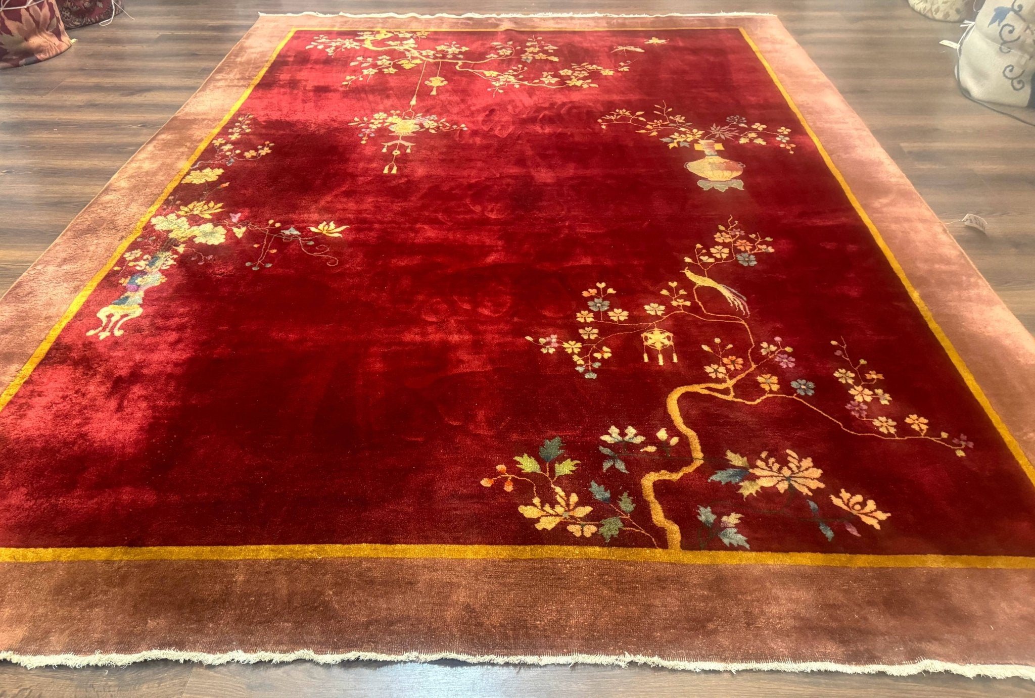 Red Chinese Art Deco Rug 9x11, Simple Design, Wool Chinese Area Rug, Antique - Jewel RugsShopify CollectiveHUNTEDFOX - Red Chinese Art Deco Rug 9x11, Simple Design, Wool Chinese Area Rug, Antique