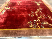 Red Chinese Art Deco Rug 9x11, Simple Design, Wool Chinese Area Rug, Antique - Jewel RugsShopify CollectiveHUNTEDFOX - Red Chinese Art Deco Rug 9x11, Simple Design, Wool Chinese Area Rug, Antique