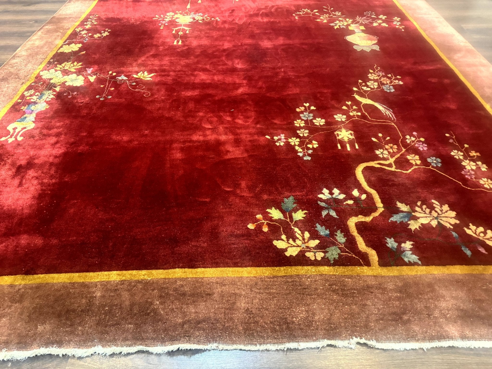 Red Chinese Art Deco Rug 9x11, Simple Design, Wool Chinese Area Rug, Antique - Jewel RugsShopify CollectiveHUNTEDFOX - Red Chinese Art Deco Rug 9x11, Simple Design, Wool Chinese Area Rug, Antique