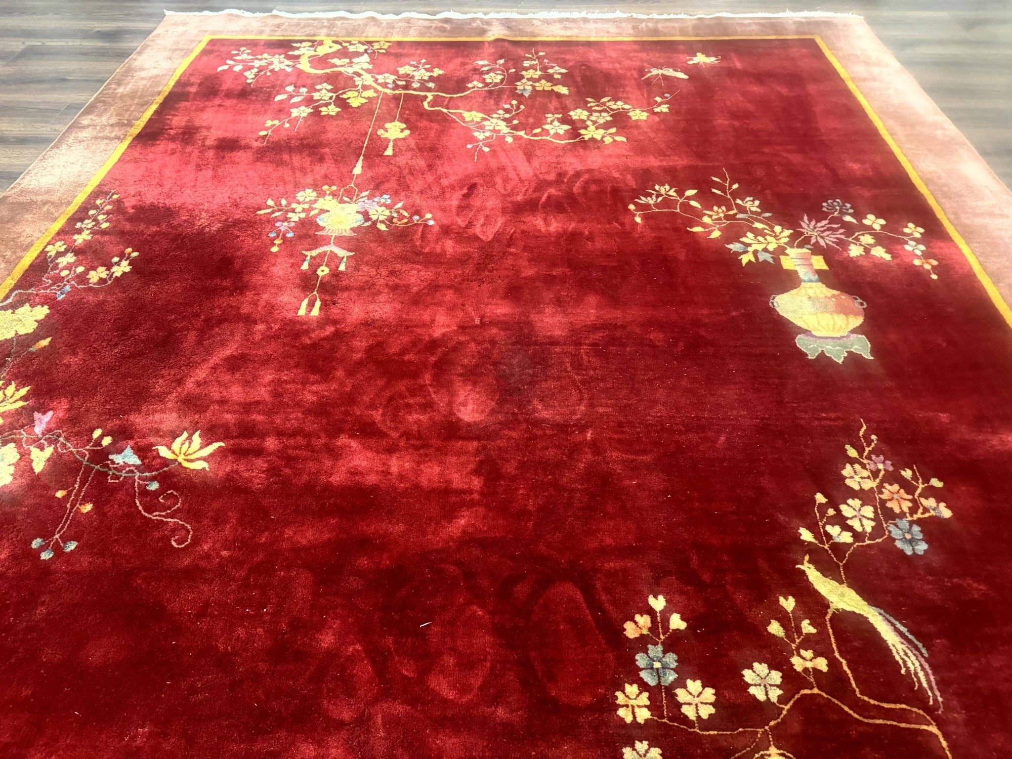 Red Chinese Art Deco Rug 9x11, Simple Design, Wool Chinese Area Rug, Antique - Jewel RugsShopify CollectiveHUNTEDFOX - Red Chinese Art Deco Rug 9x11, Simple Design, Wool Chinese Area Rug, Antique