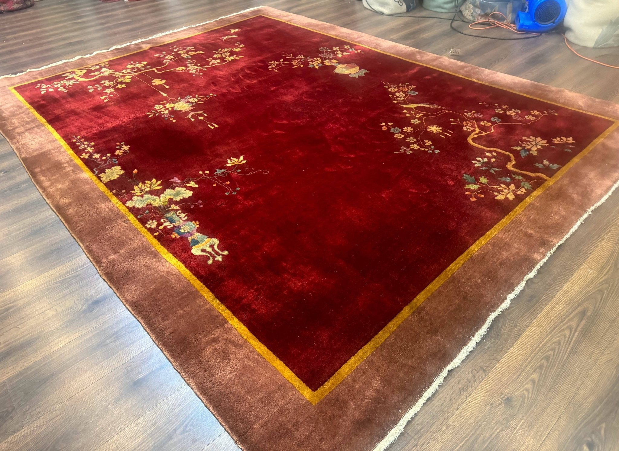 Red Chinese Art Deco Rug 9x11, Simple Design, Wool Chinese Area Rug, Antique - Jewel RugsShopify CollectiveHUNTEDFOX - Red Chinese Art Deco Rug 9x11, Simple Design, Wool Chinese Area Rug, Antique